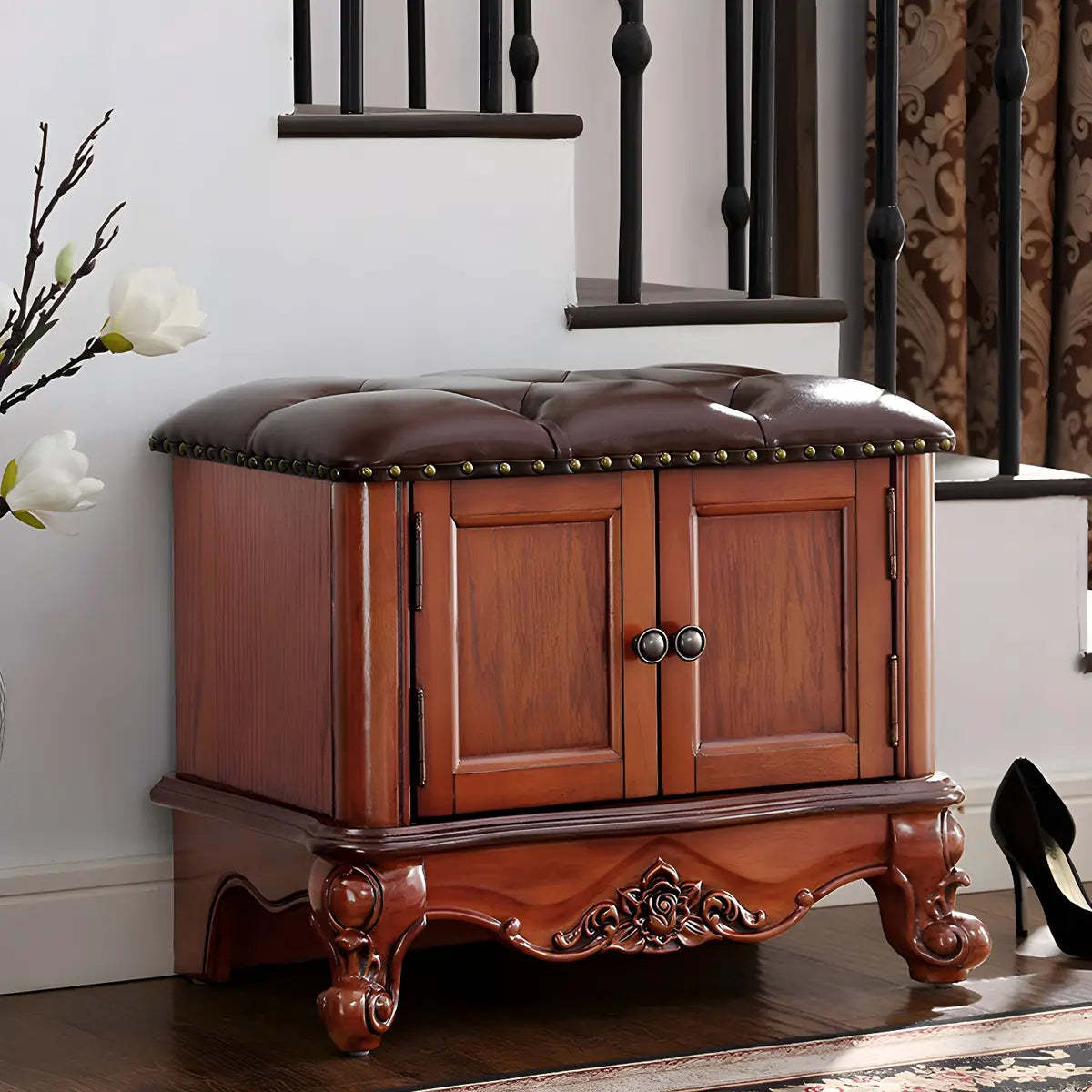 Tufted Entryway Bench with Cabinets