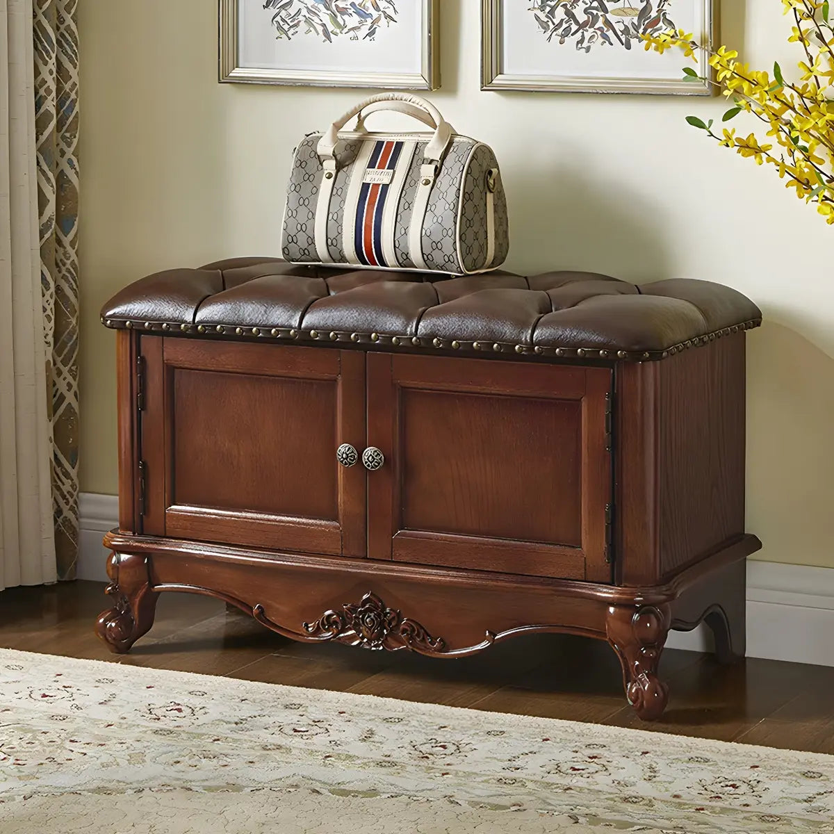Tufted Entryway Bench with Cabinets