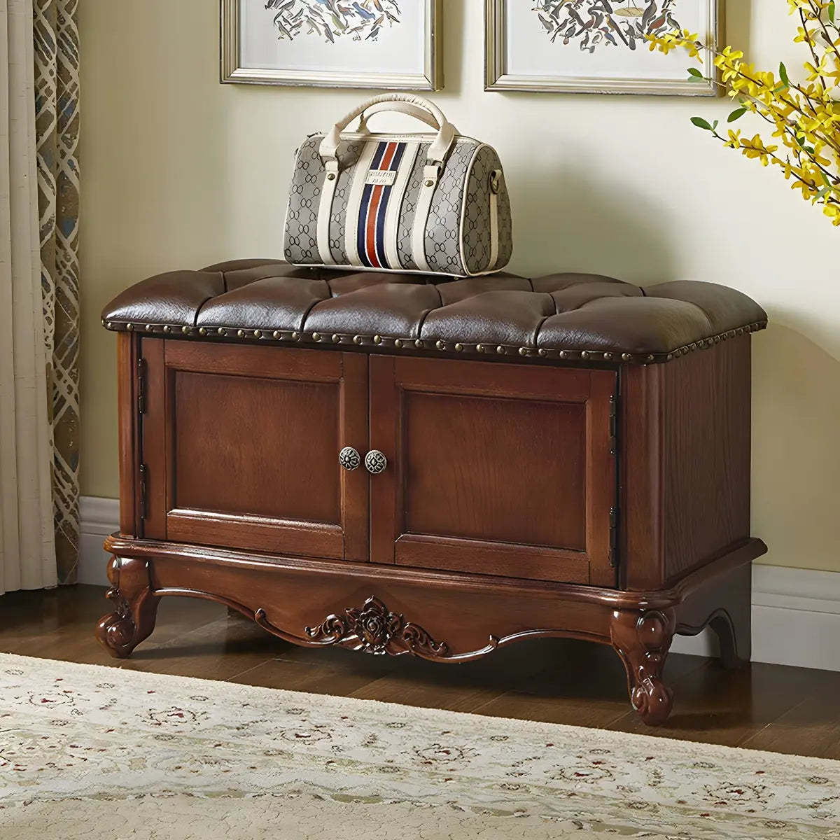 Tufted Entryway Bench with Cabinets