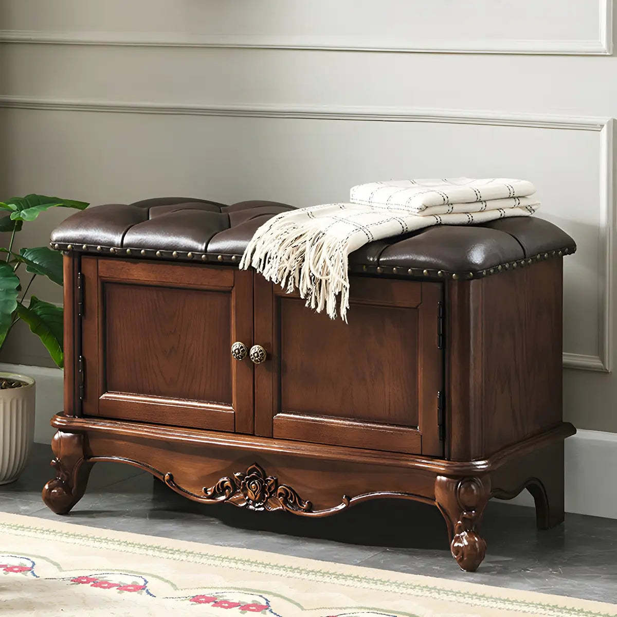 Tufted Entryway Bench with Cabinets