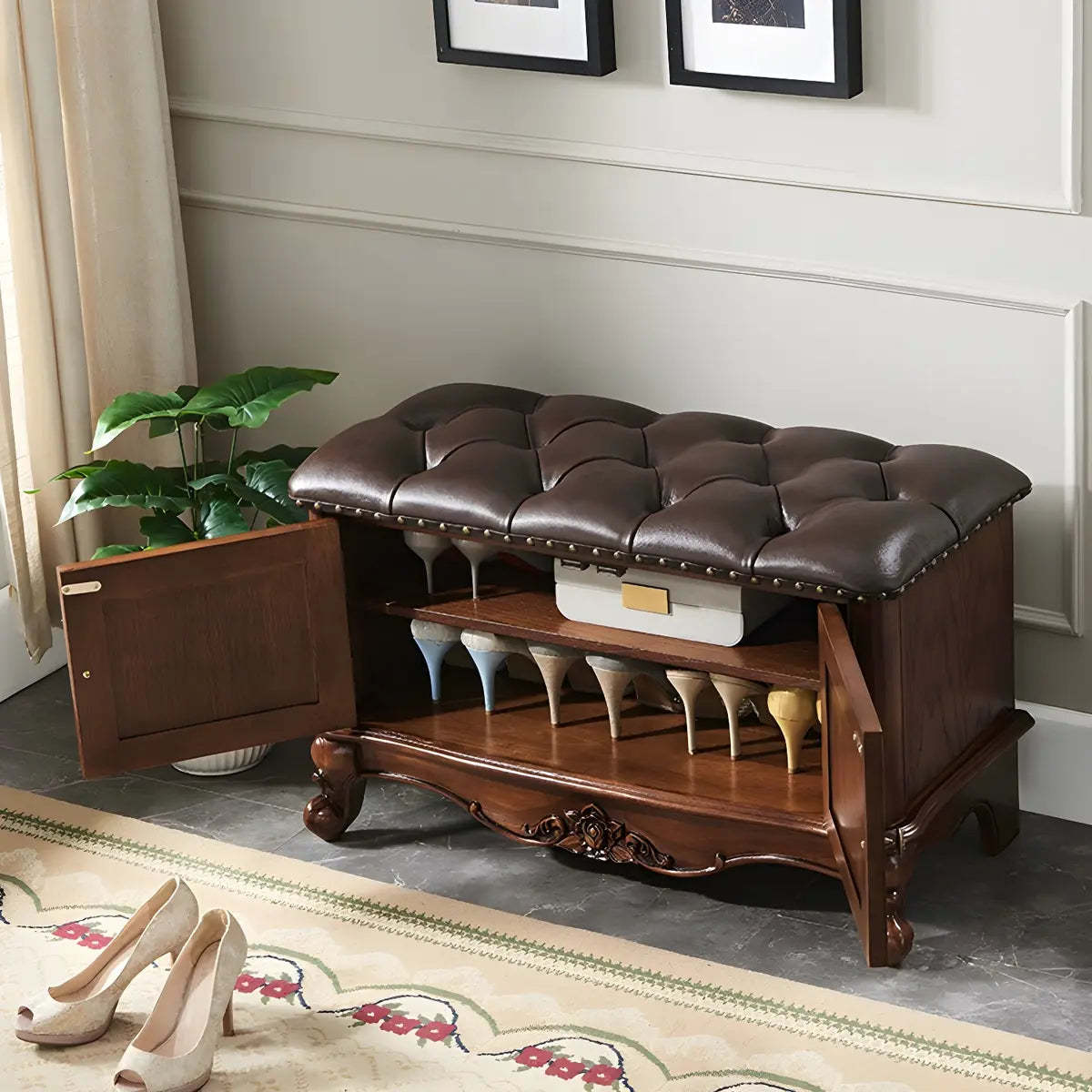 Tufted Entryway Bench with Cabinets