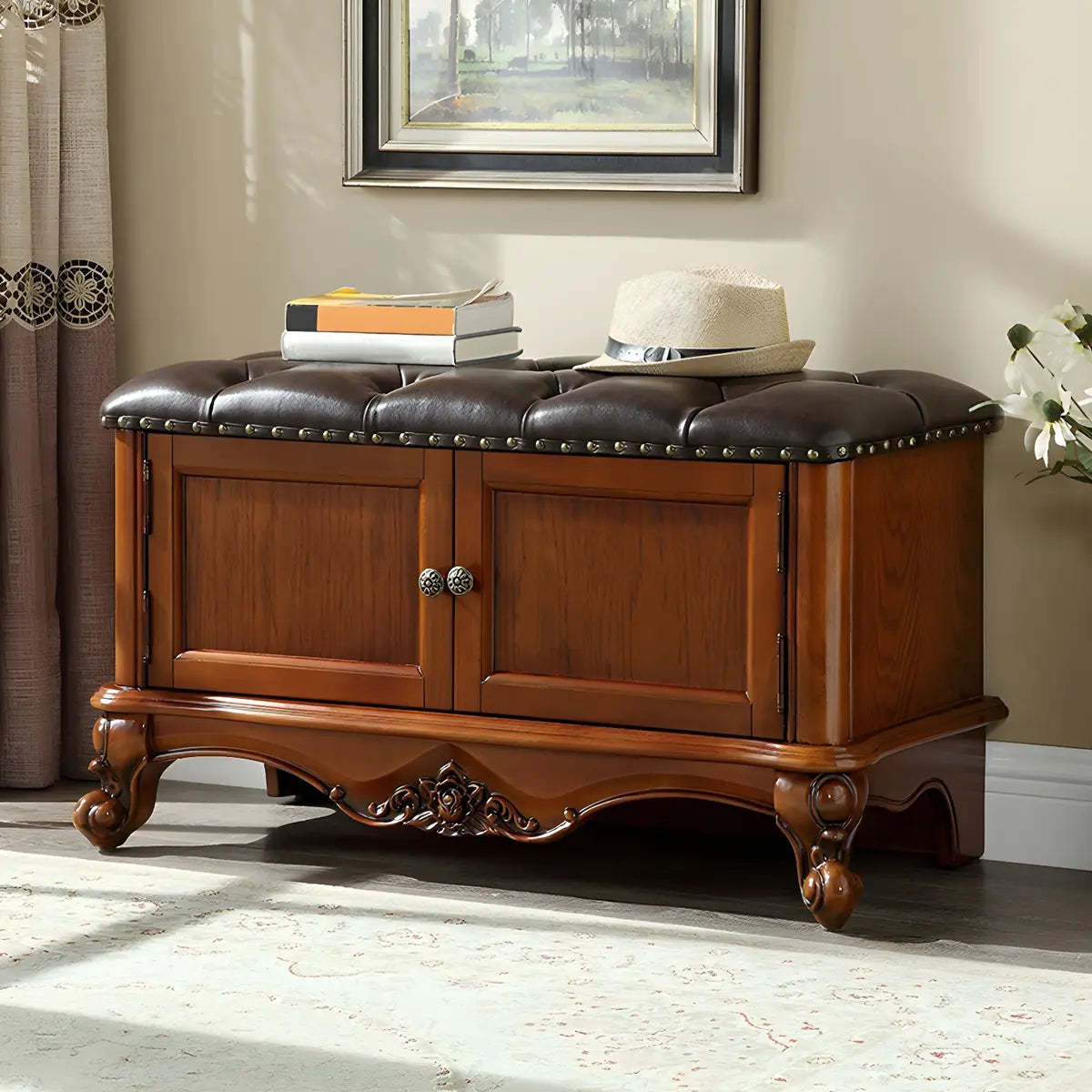 Tufted Entryway Bench with Cabinets
