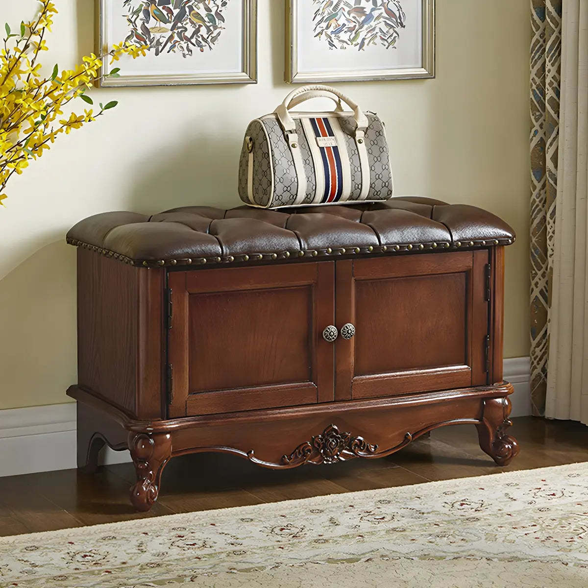 Tufted Entryway Bench with Cabinets