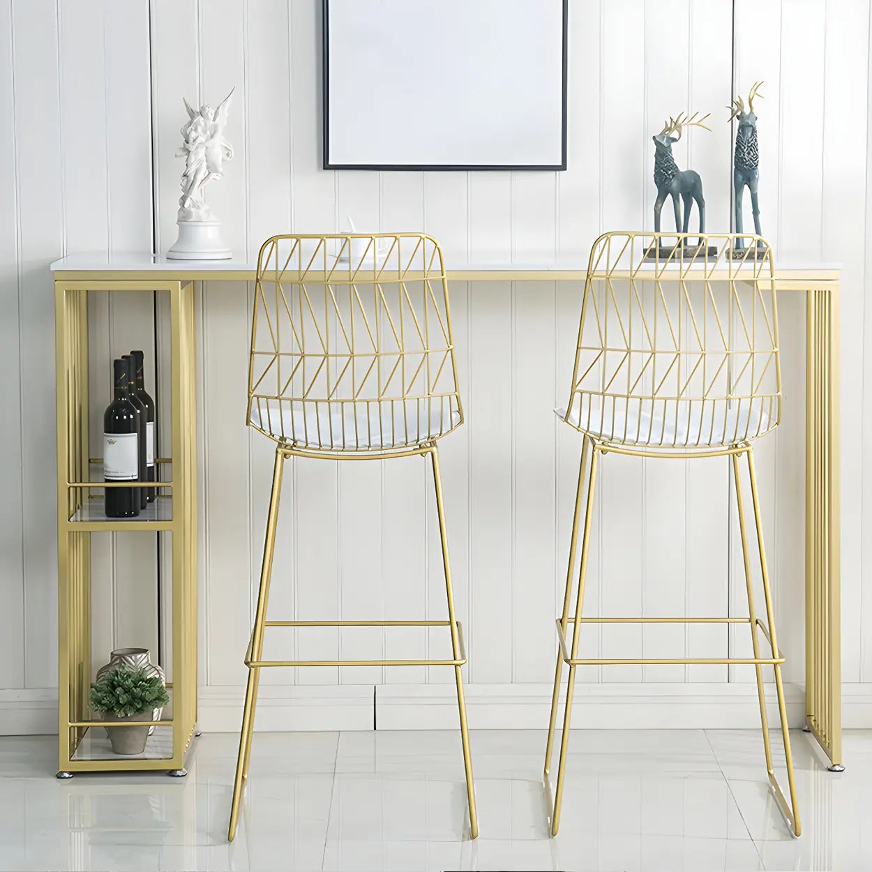 White Rectangular Gold Metal Storage Bar Table