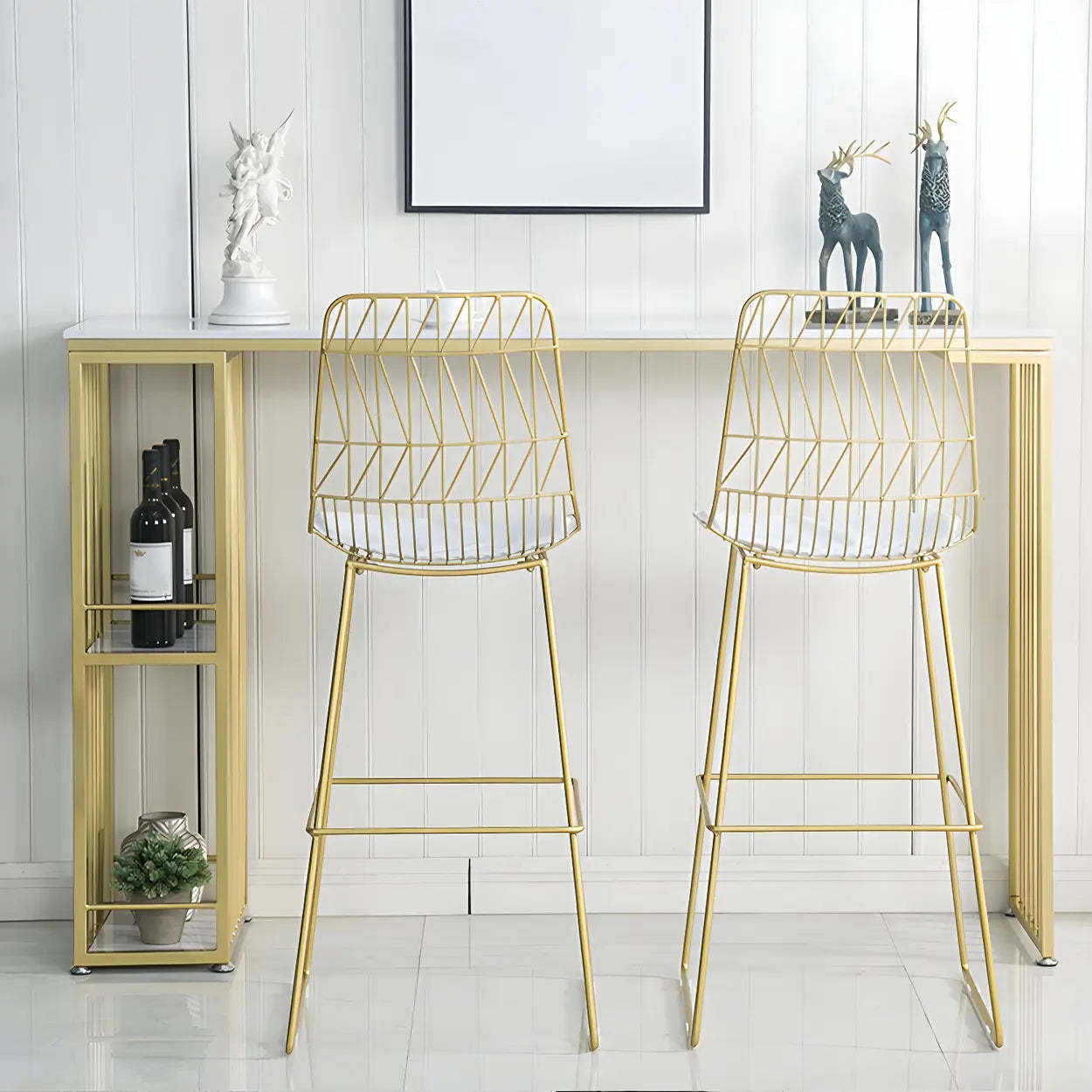 White Rectangular Gold Metal Storage Bar Table — Table Only