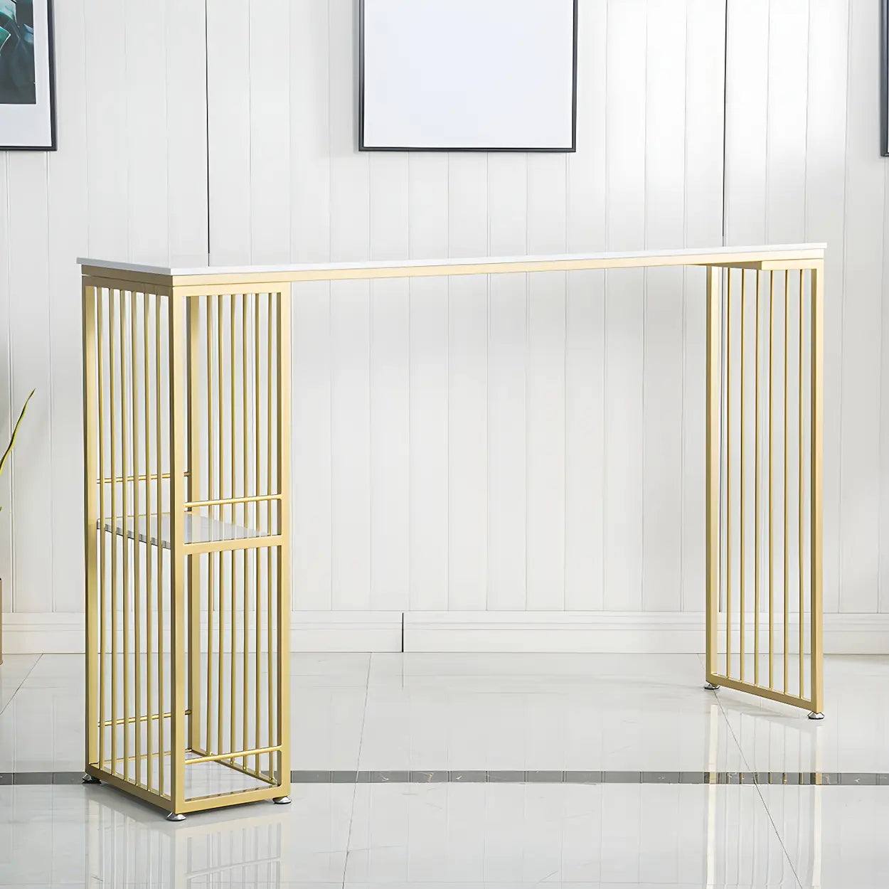 White Rectangular Gold Metal Storage Bar Table