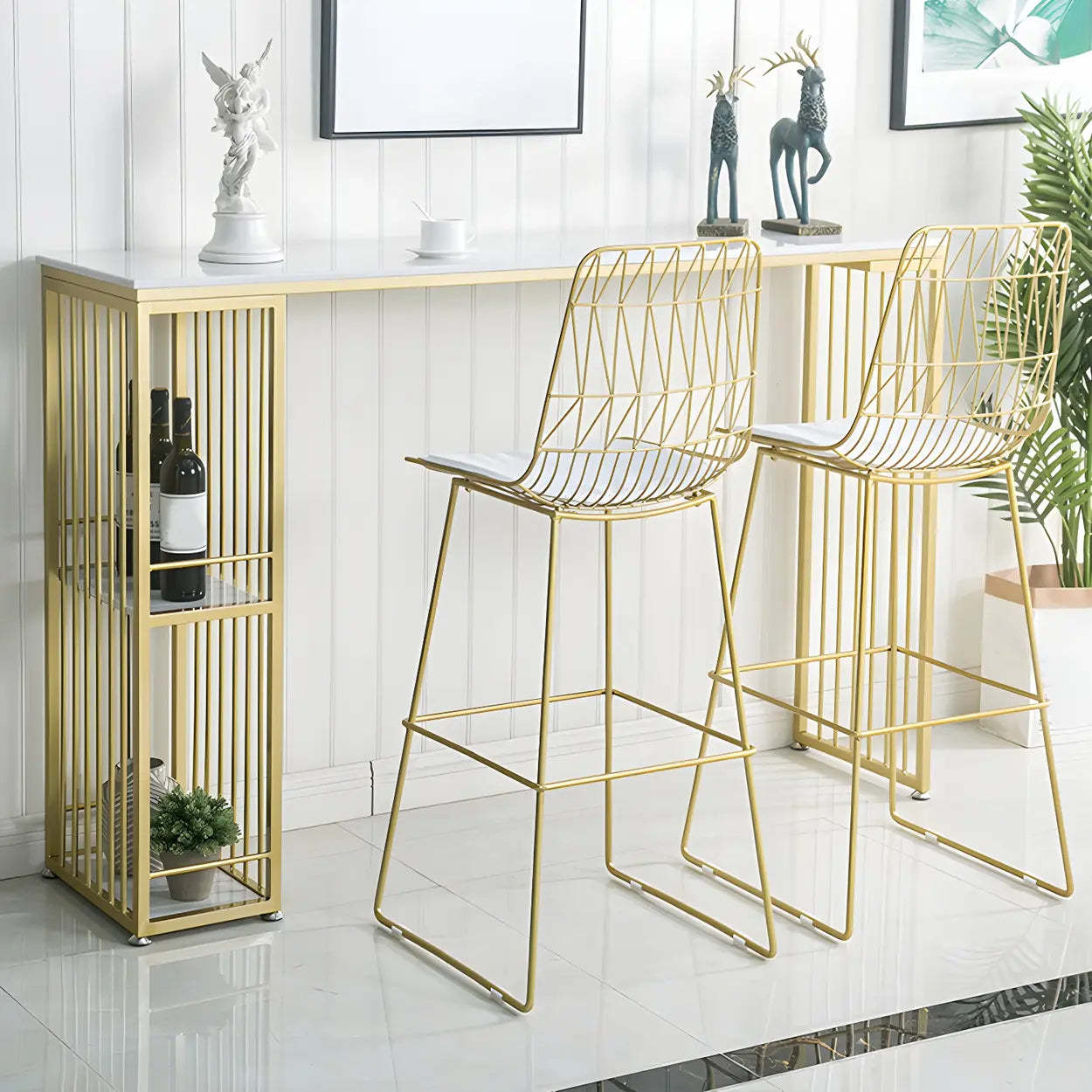 White Rectangular Gold Metal Storage Bar Table — Table Only