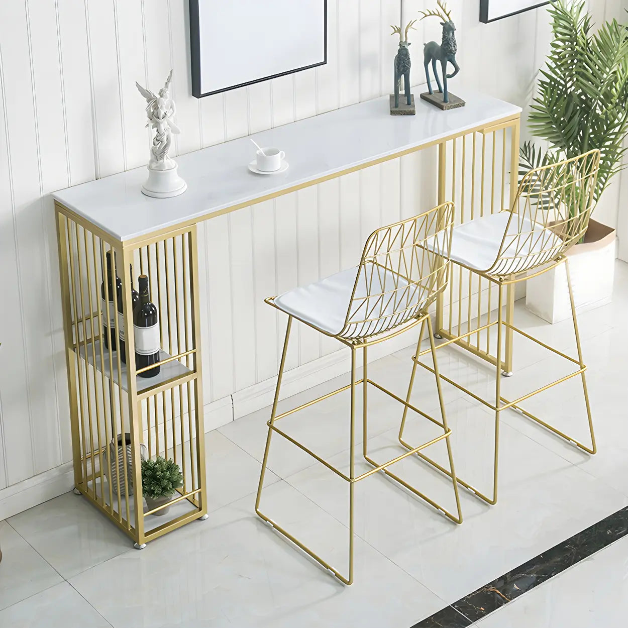 White Rectangular Gold Metal Storage Bar Table — Table Only