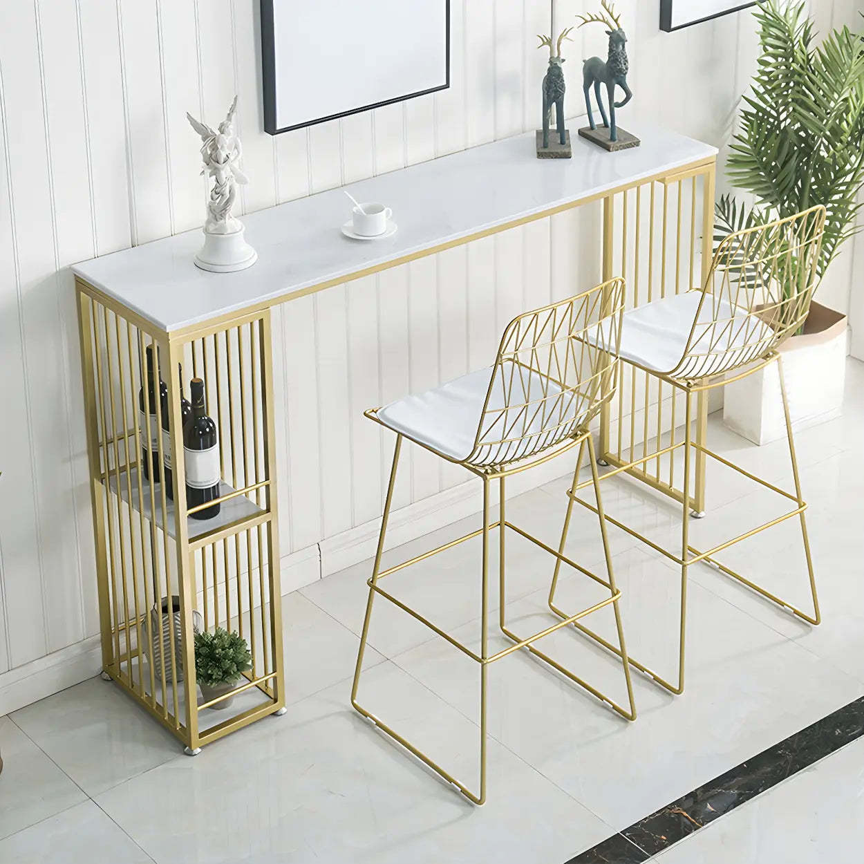 White Rectangular Gold Metal Storage Bar Table — Table Only