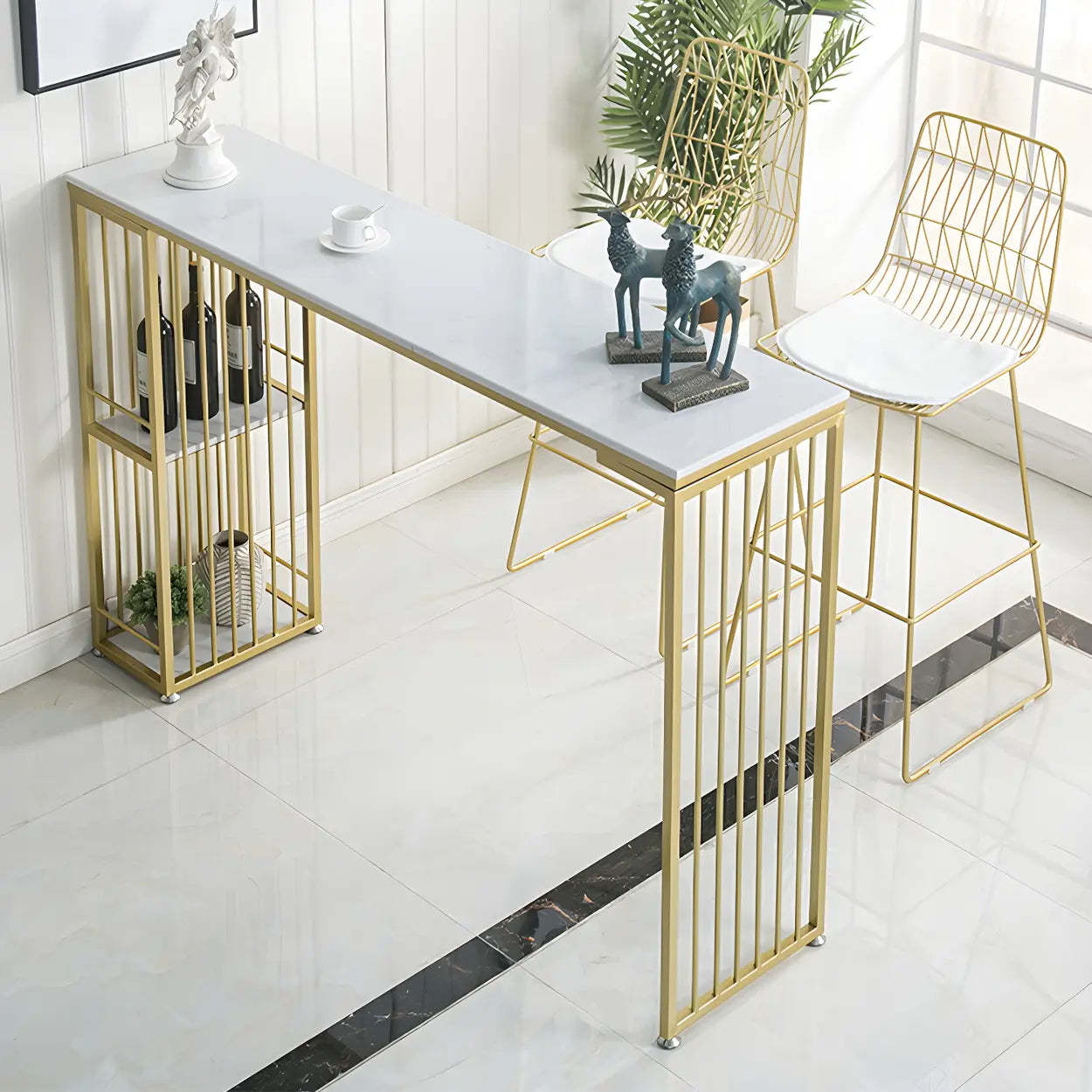 White Rectangular Gold Metal Storage Bar Table — Table Only