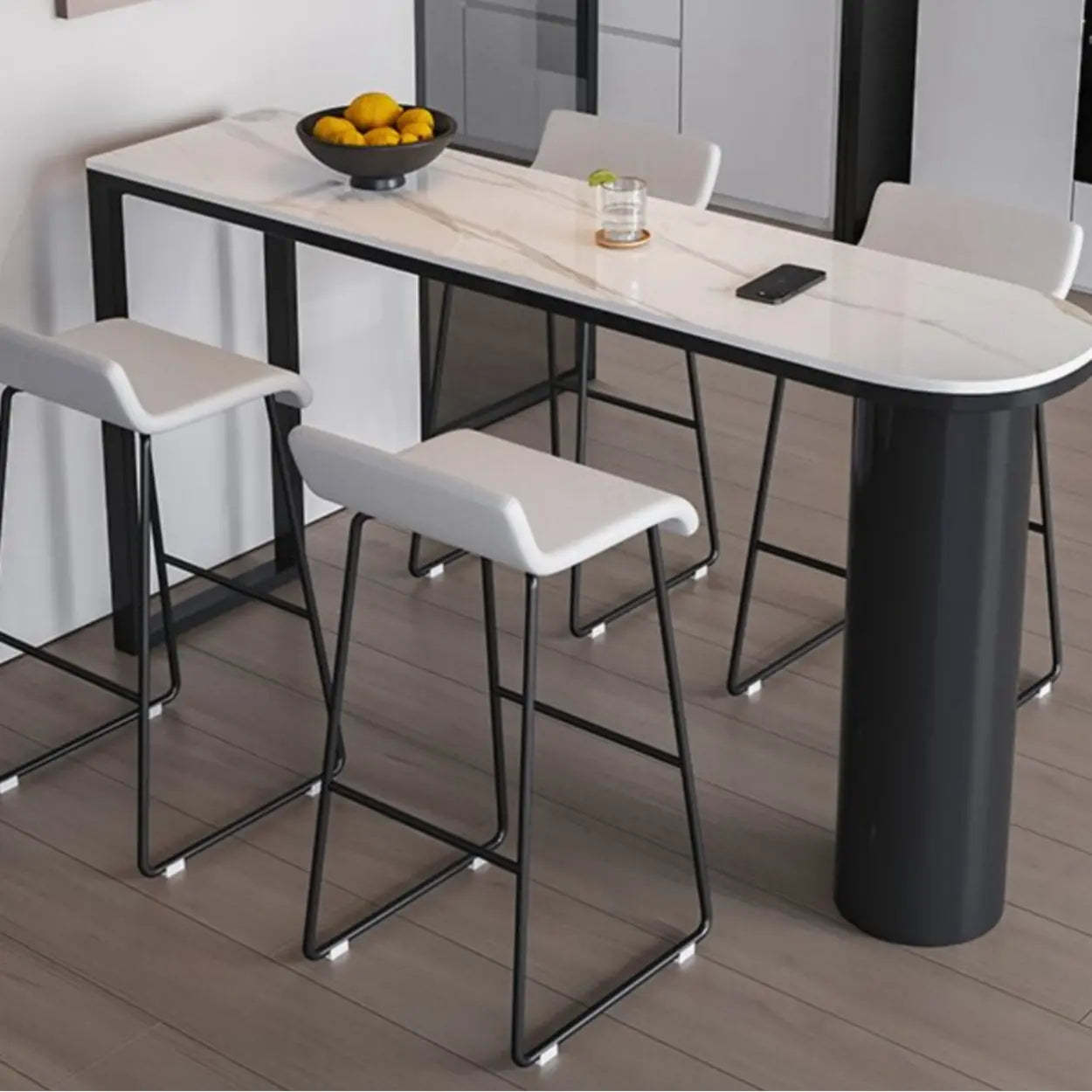 Chic White Rectangular Stone Double Pedestal Bar Table — Table Only