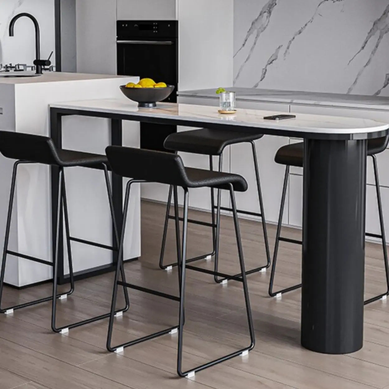 Chic White Rectangular Stone Double Pedestal Bar Table — Table Only