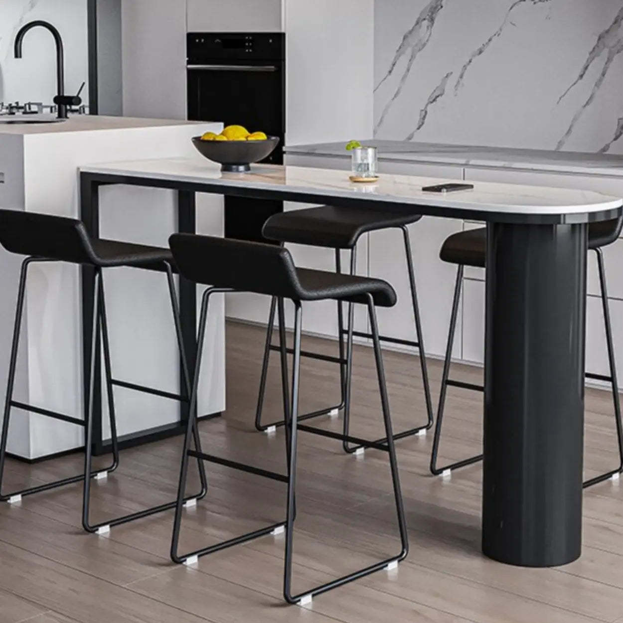 Chic White Rectangular Stone Double Pedestal Bar Table — Table Only
