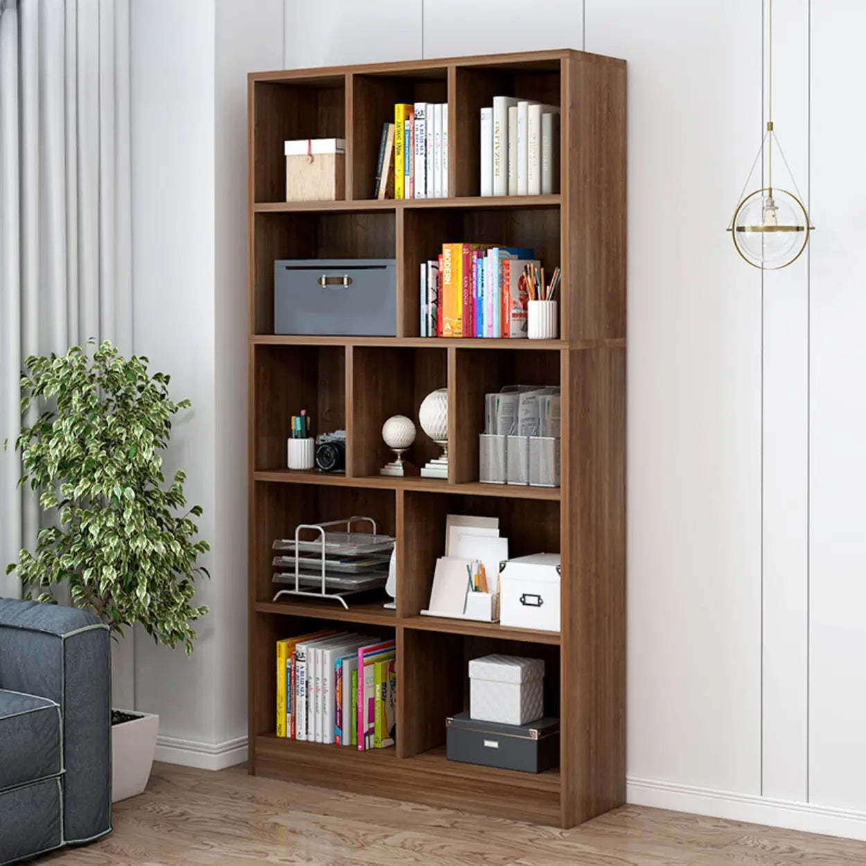 Classic Brown 5-Shelf Oak-Finish Tall Bookcase — White / Cabinet Not Included