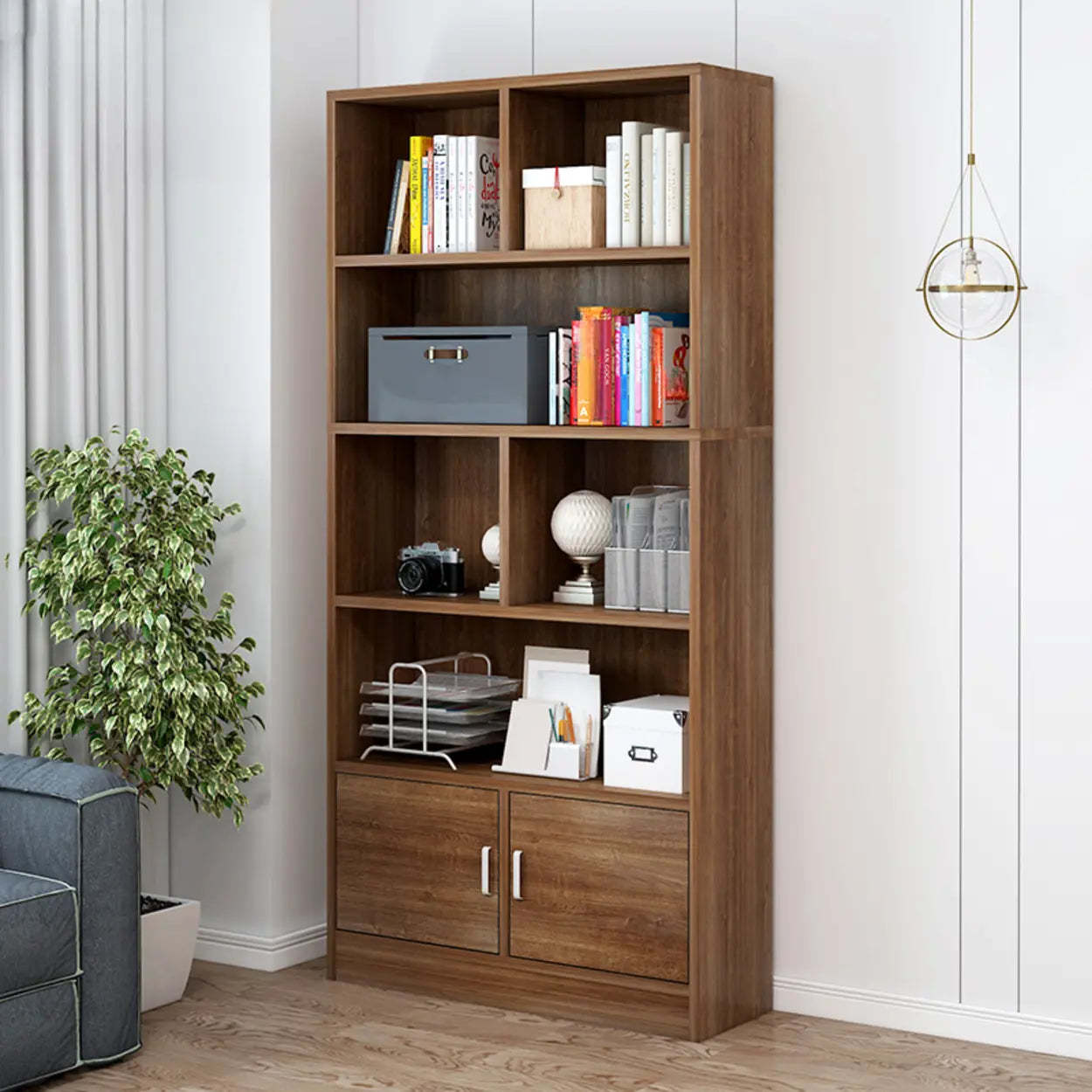 Lighom modern oak-finish 5-shelf brown display cabinets