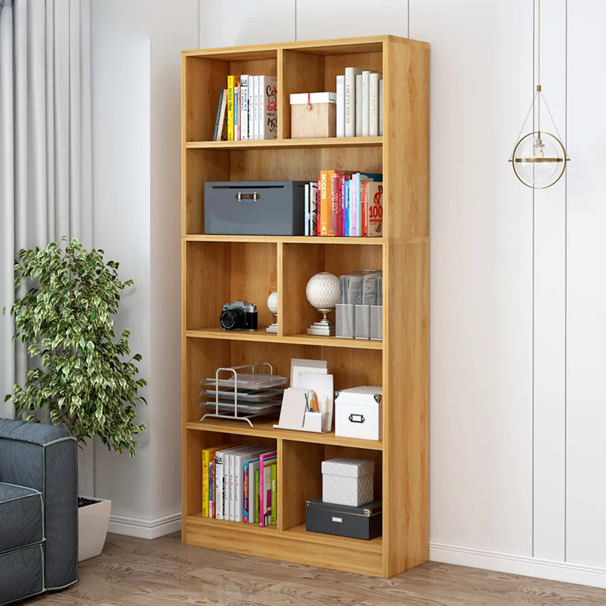 Classic Brown 5-Shelf Oak-Finish Tall Bookcase — Oak / Cabinet Not Included