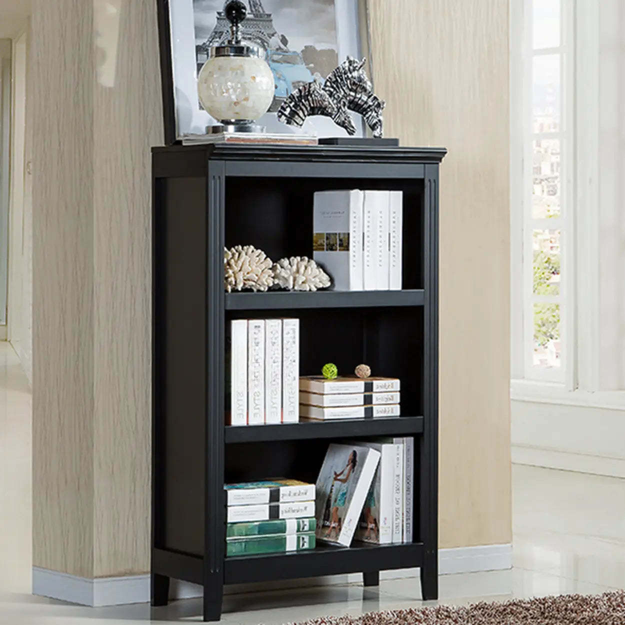 Black traditional vertical barrister bookcases — 28.3"L x 13.6"W x 48"H / Coffee