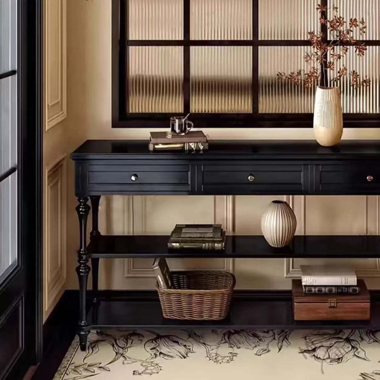 Classic Black Wood Console Table with Drawer