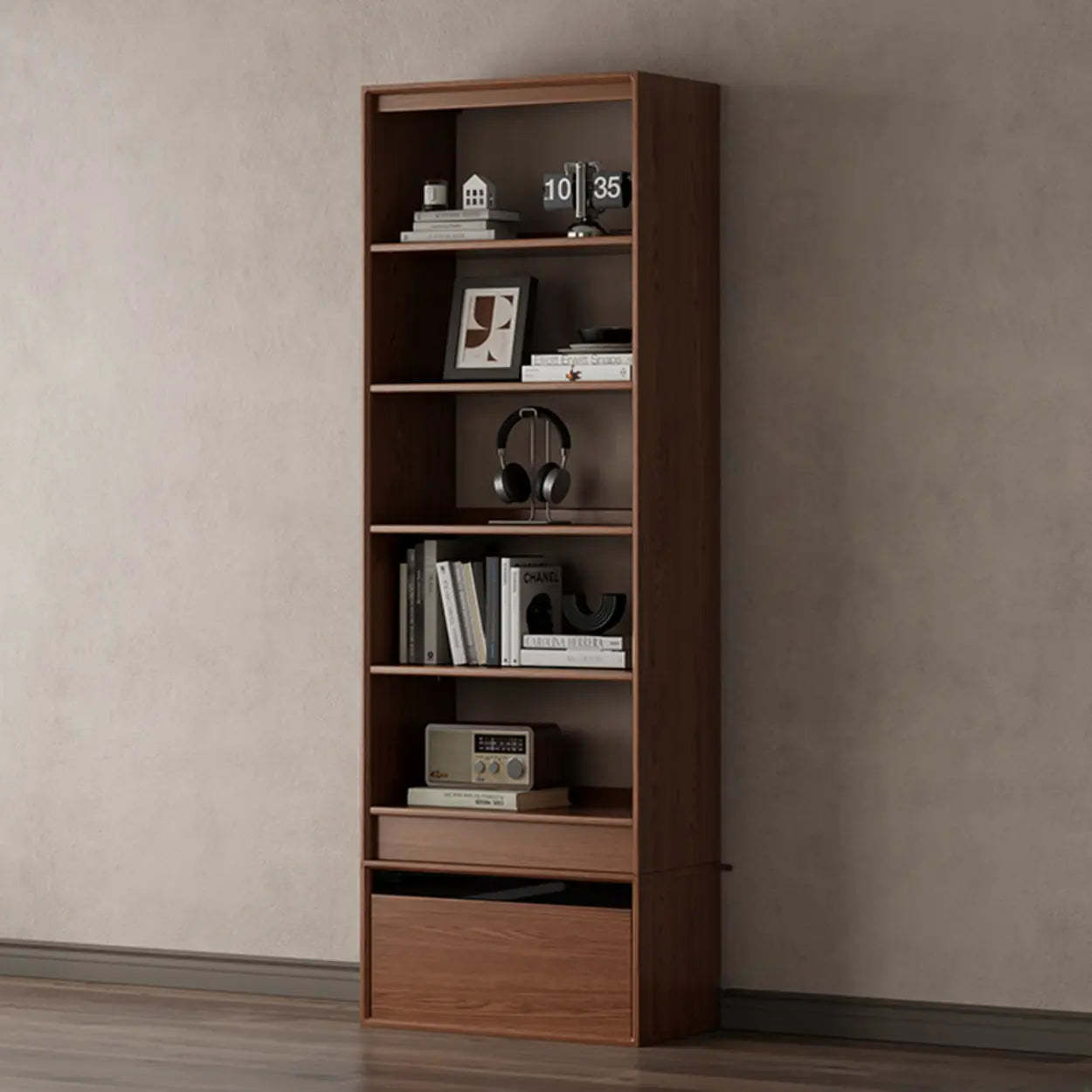 Classic Brown Wood Bookshelf with Drawers