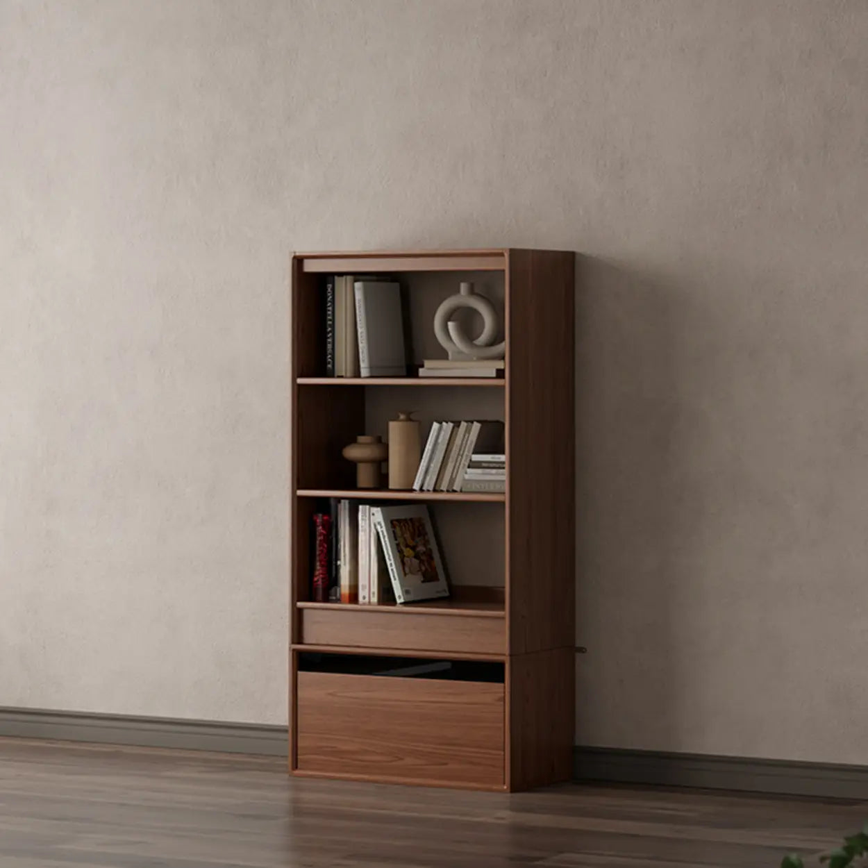 Classic Brown Wood Bookshelf with Drawers