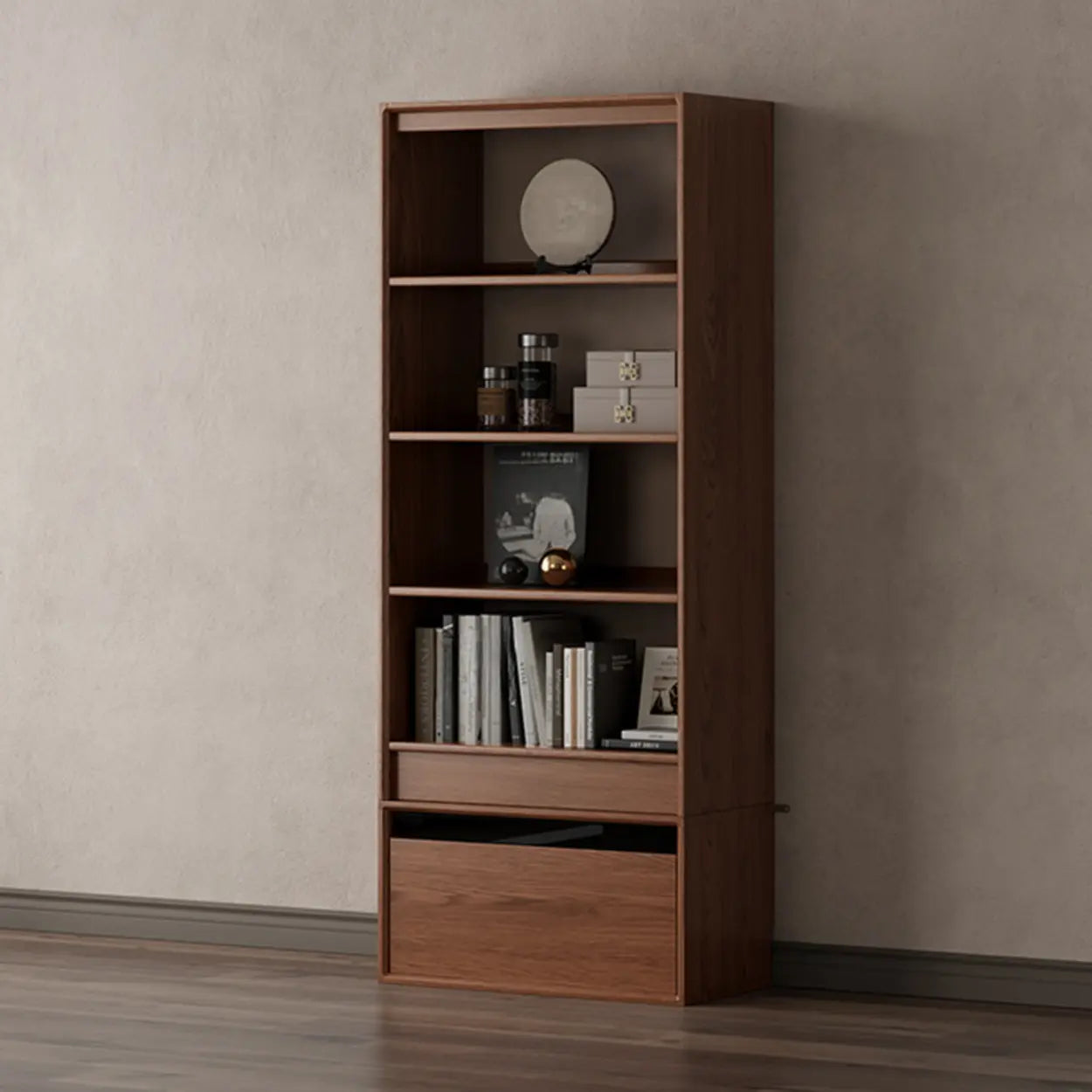 Classic Brown Wood Bookshelf with Drawers
