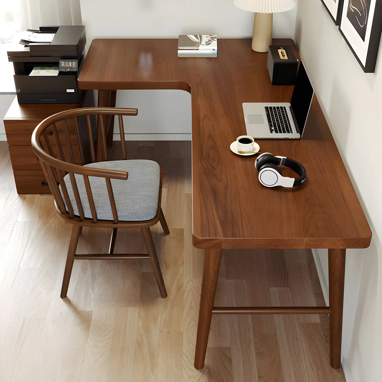 Classic Brown Ash H-Base L-Shape Writing Desk