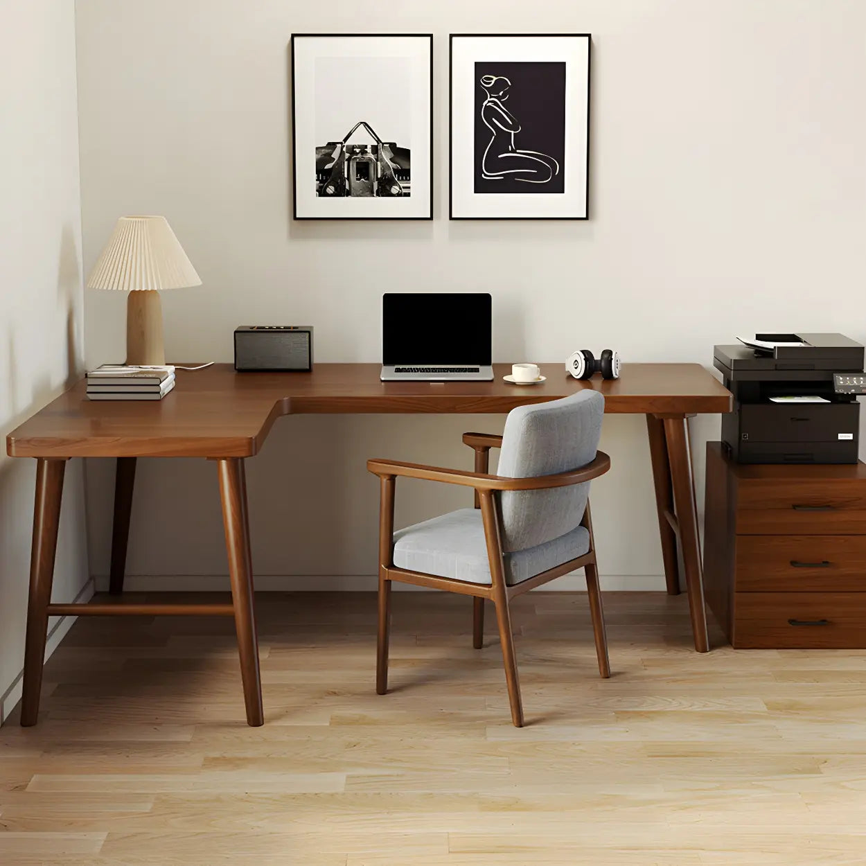 Classic Brown Ash H-Base L-Shape Writing Desk — Right Hand Return / Table Only