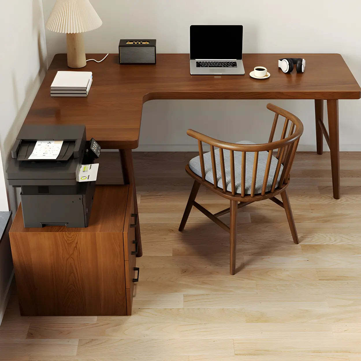 Modern h-base l-shape wood desks — 63" L x 31.5" W x 29.5" H / Left Hand Return