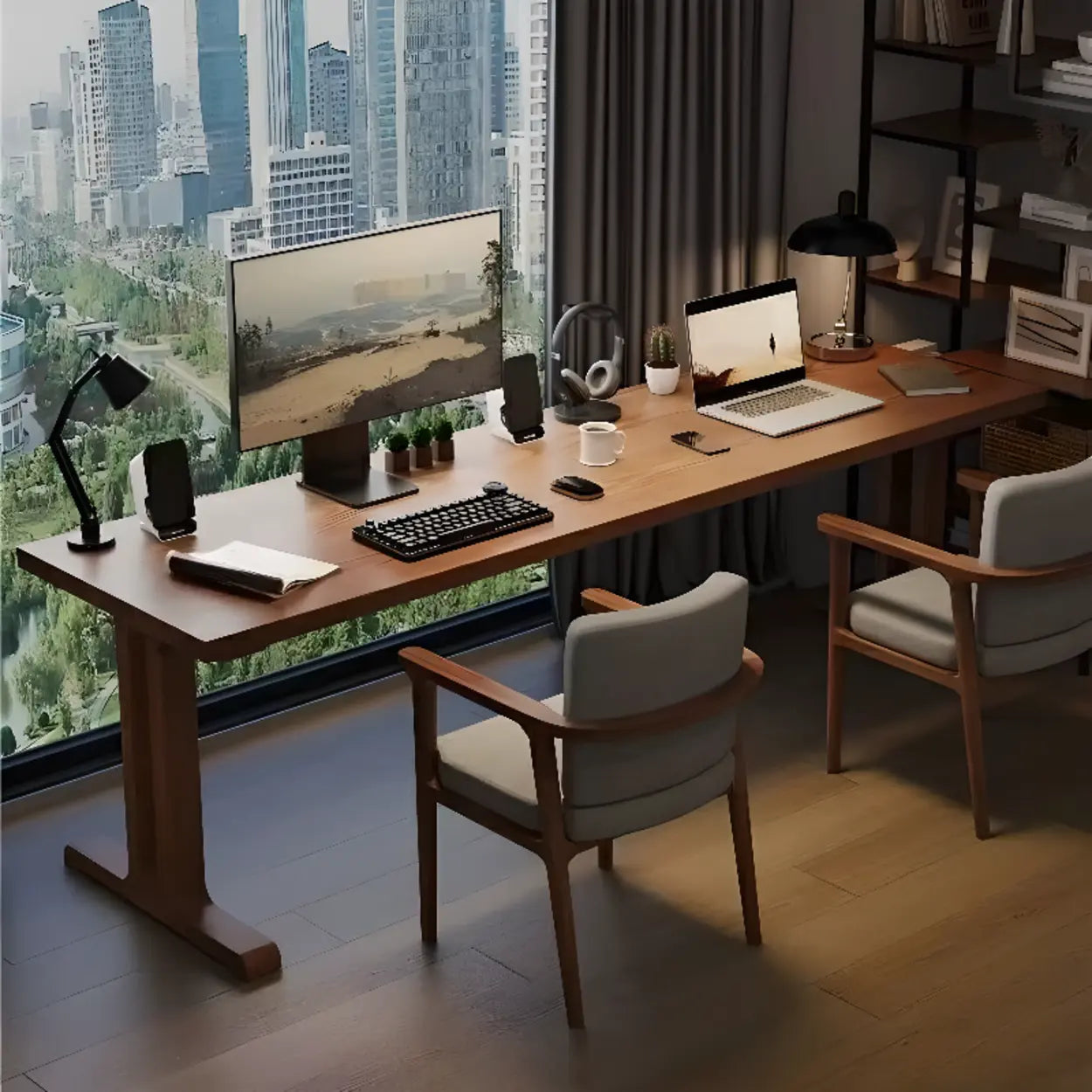 Classic Brown Wood Double Computer Desk — Table Only