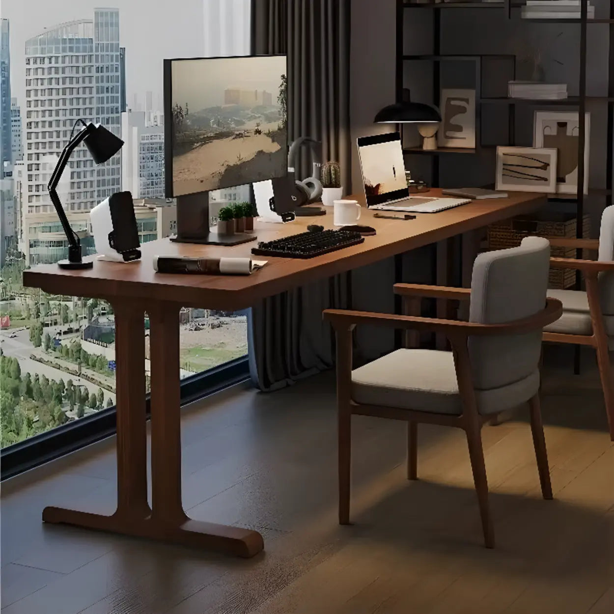 Classic Brown Wood Double Computer Desk — Table Only