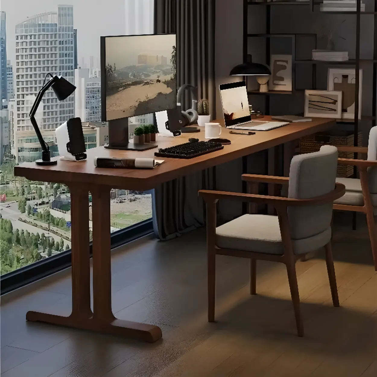 Classic Brown Wood Double Computer Desk — Table Only