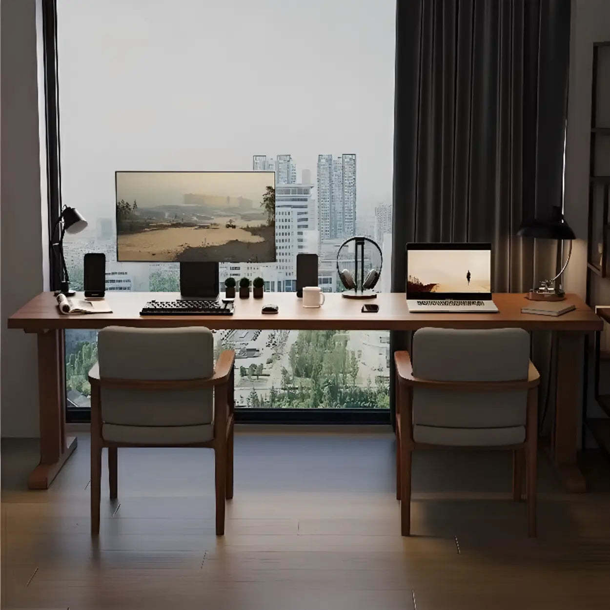 Classic Brown Wood Double Computer Desk — Table Only