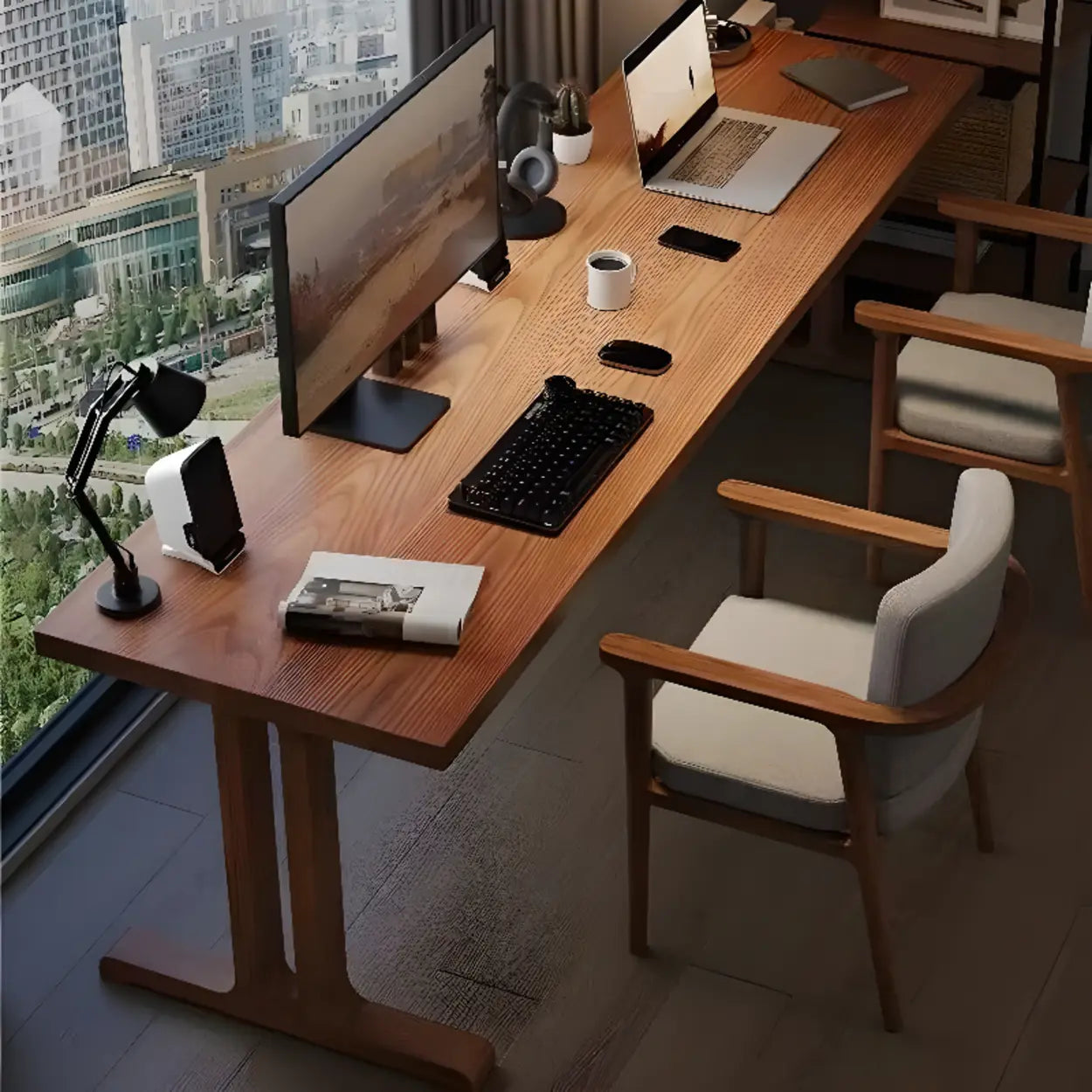 Classic Brown Wood Double Computer Desk — Table Only