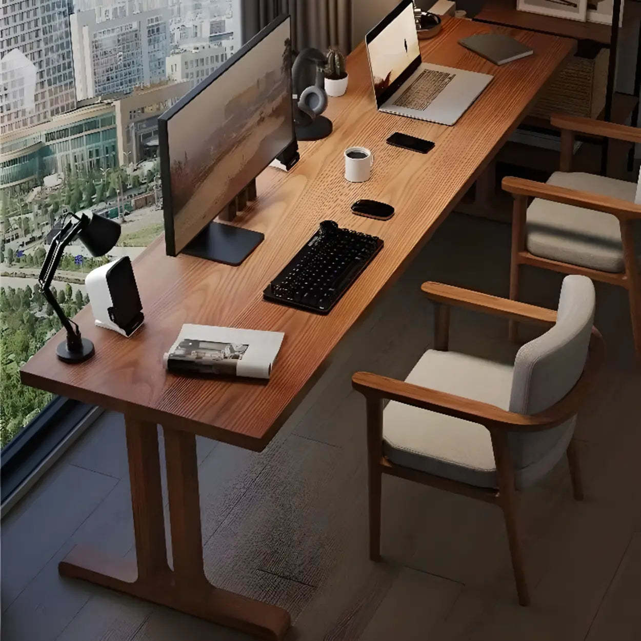 Classic Brown Wood Double Computer Desk — Table Only