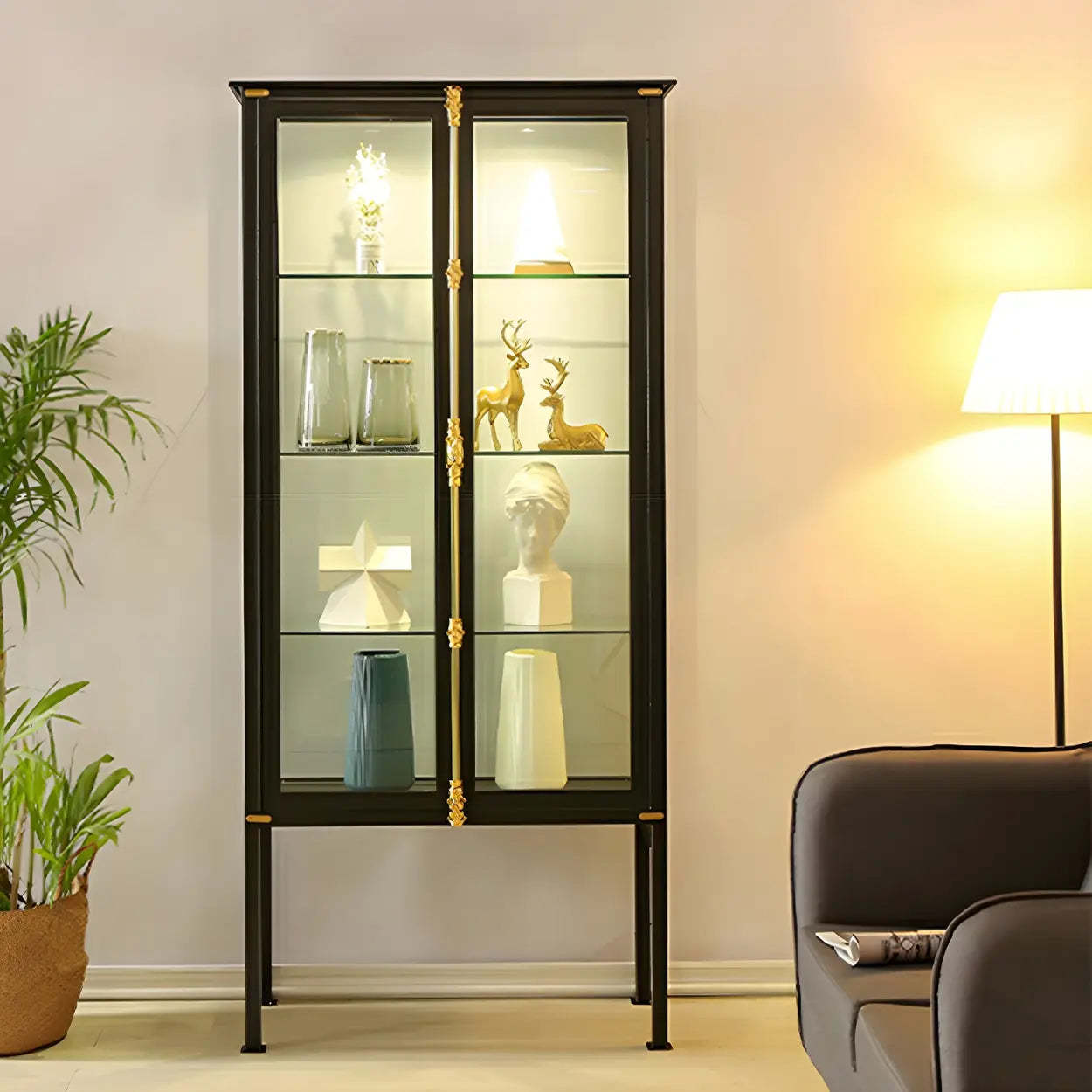 Classic Clear Glass Black Metal Curio Cabinet