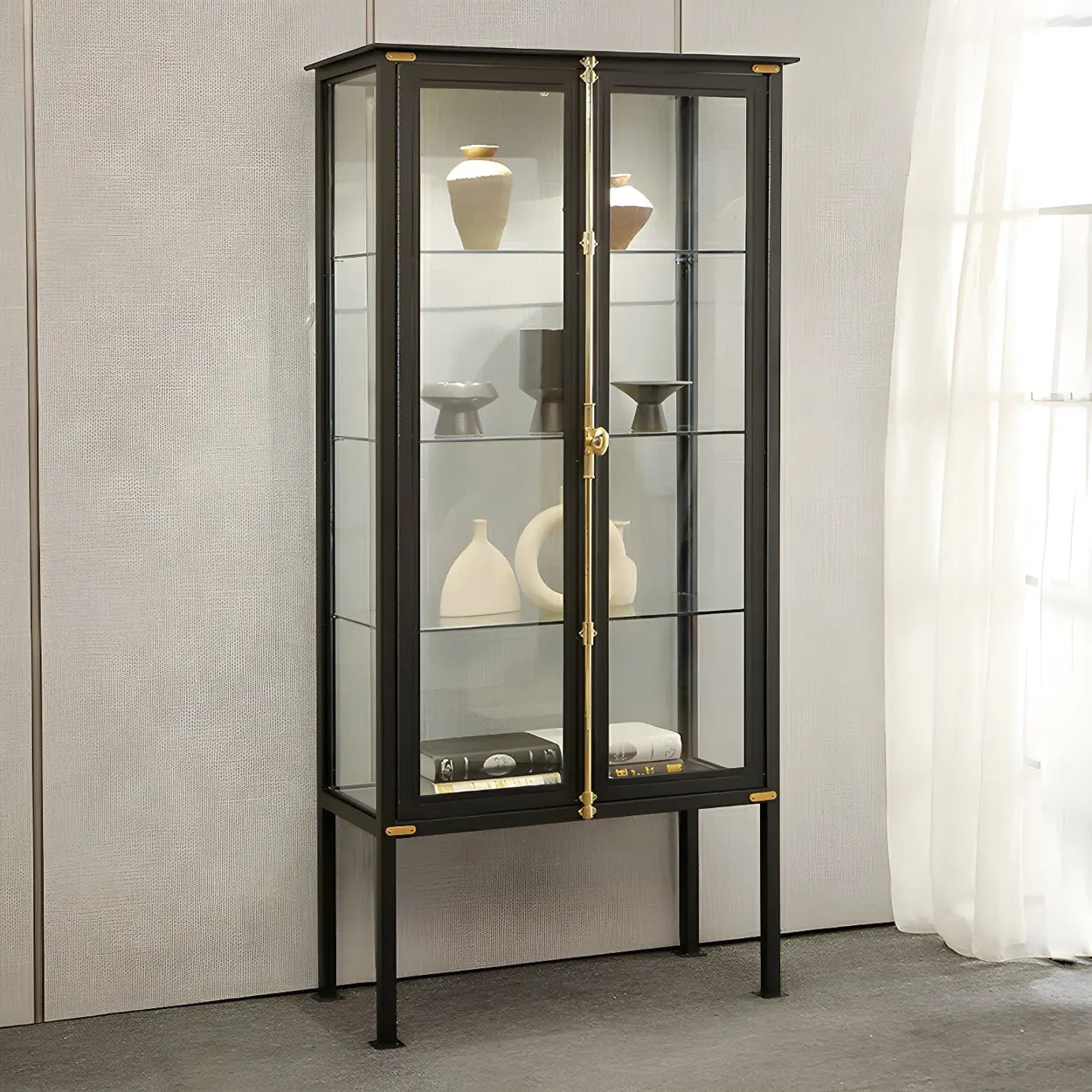 Classic Clear Glass Black Metal Curio Cabinet — Black / 4