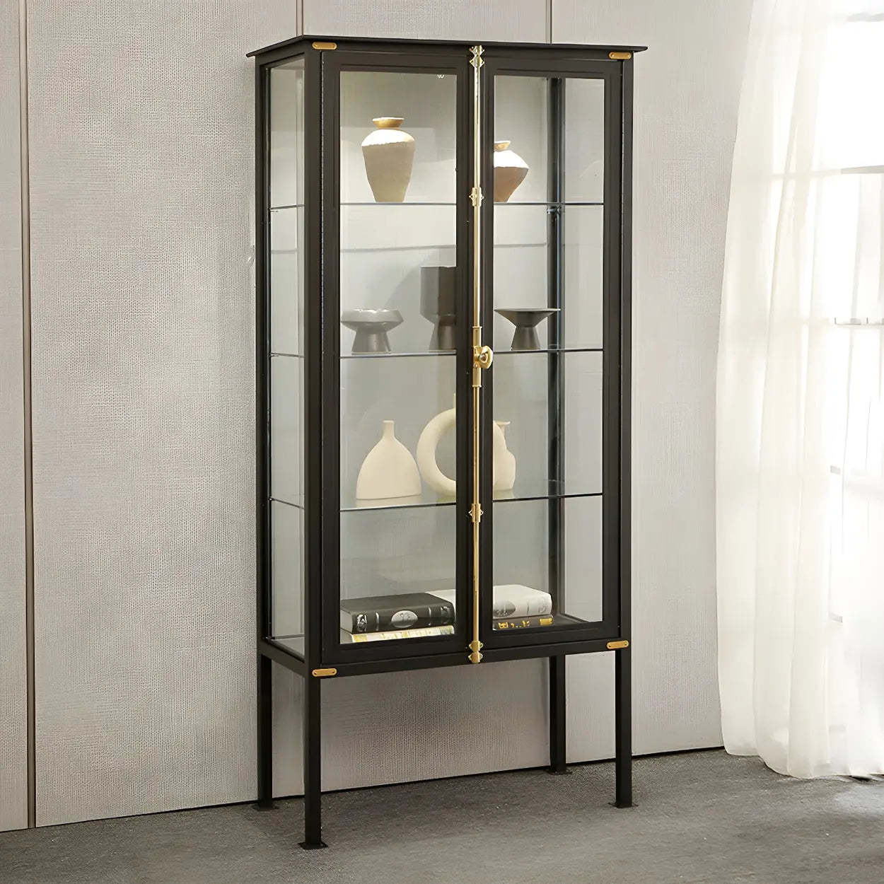 Classic Clear Glass Black Metal Curio Cabinet — Black / 4