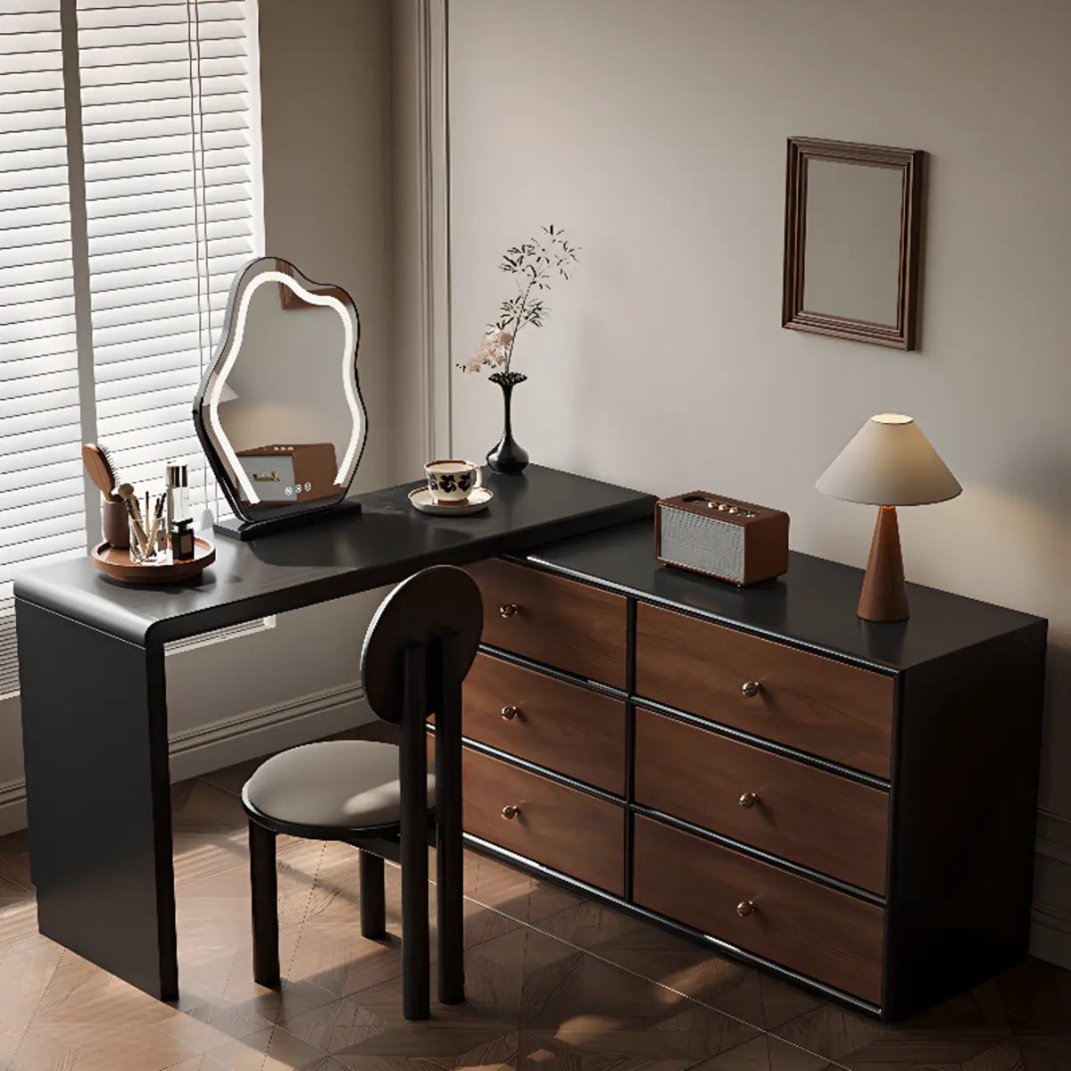 Classic Curved Mirror Black Wood Scalable Vanity Set — Makeup Vanity & Stool