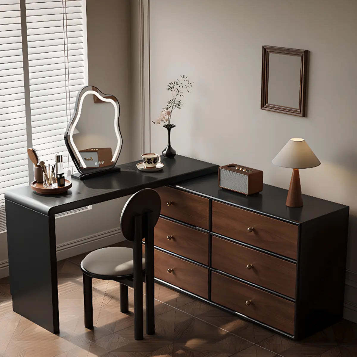 Classic Curved Mirror Black Wood Scalable Vanity Set — Makeup Vanity & Stool