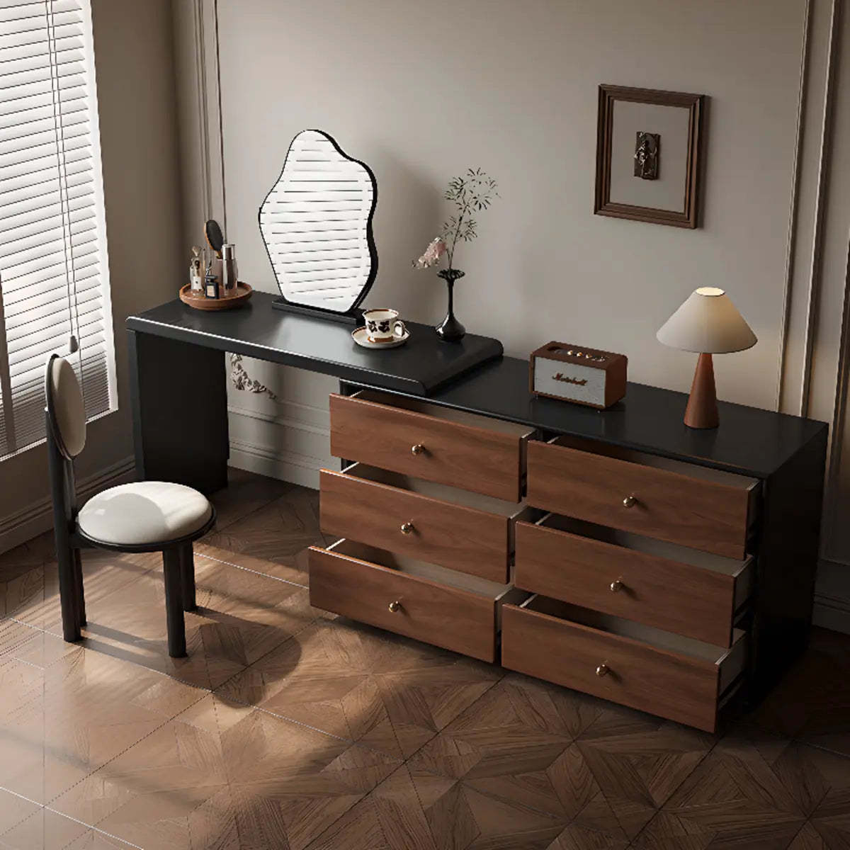 Classic Curved Mirror Black Wood Scalable Vanity Set