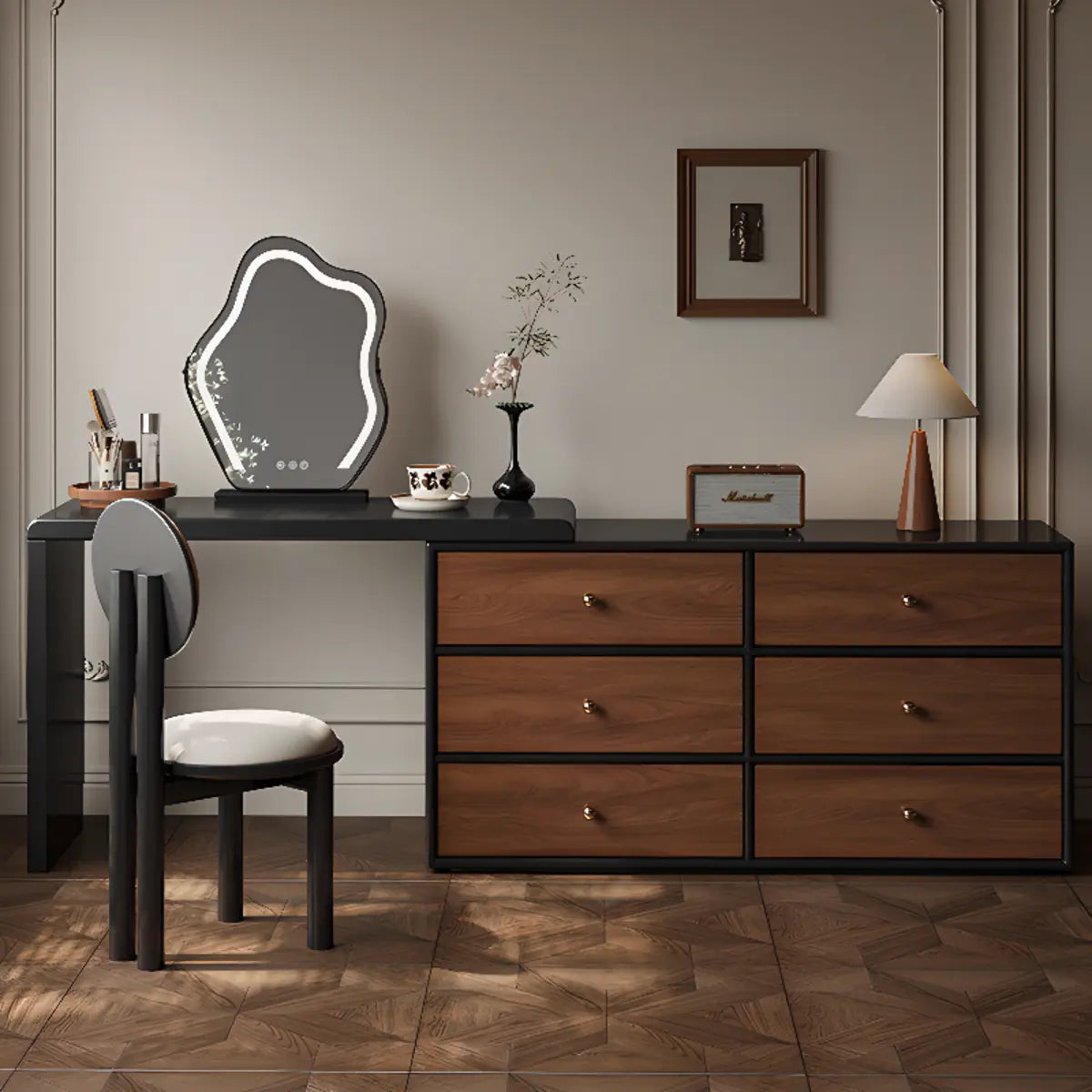 Classic Curved Mirror Black Wood Scalable Vanity Set