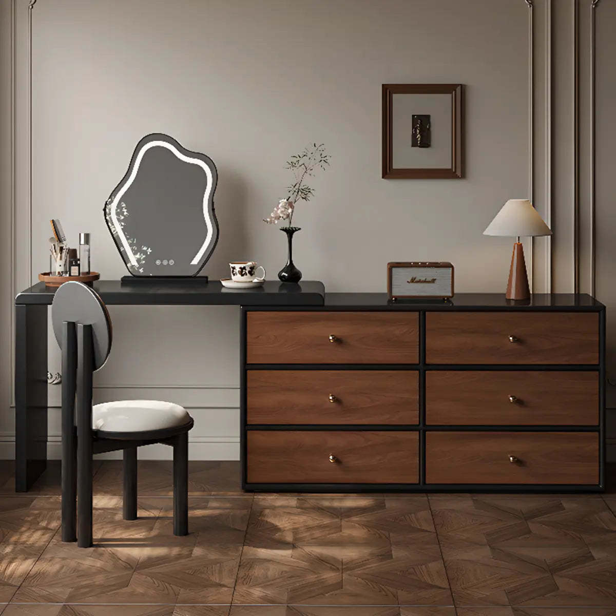 Classic Curved Mirror Black Wood Scalable Vanity Set