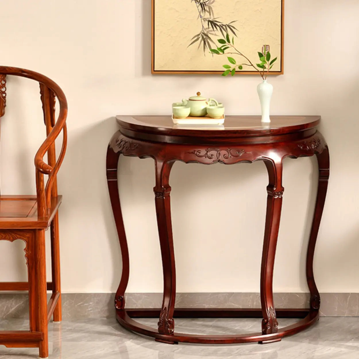 Classic Mahogany Half-Moon Wood Entryway Console Table — Stone