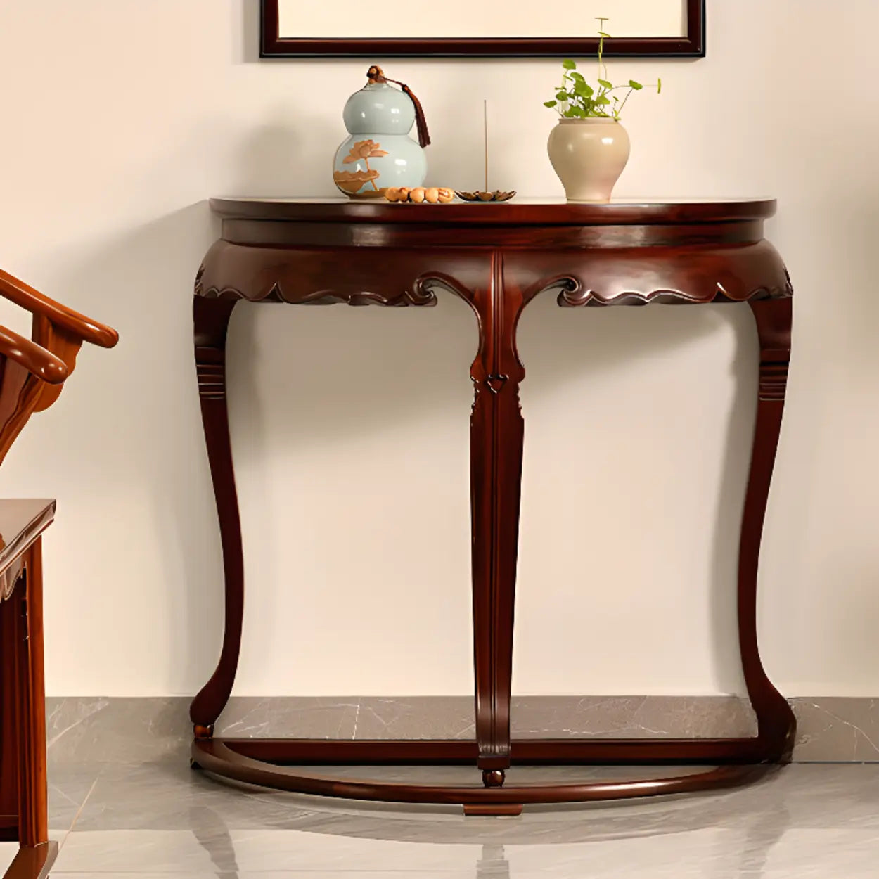 Classic Mahogany Half-Moon Wood Entryway Console Table — Stone