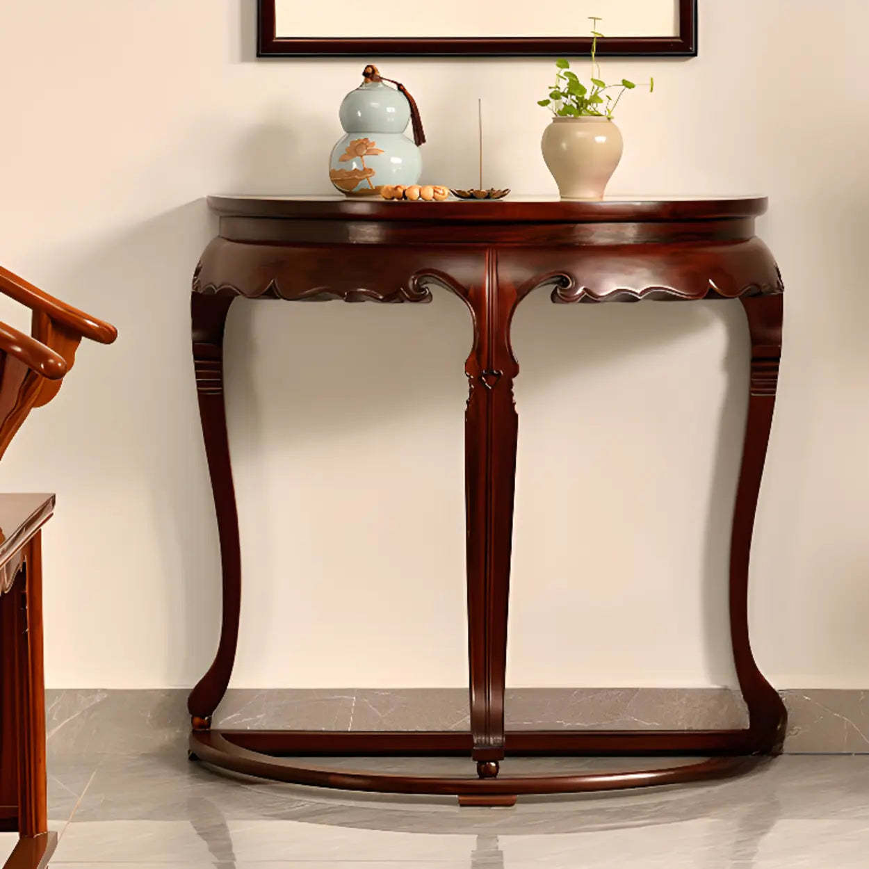 Classic Mahogany Half-Moon Wood Entryway Console Table — Stone