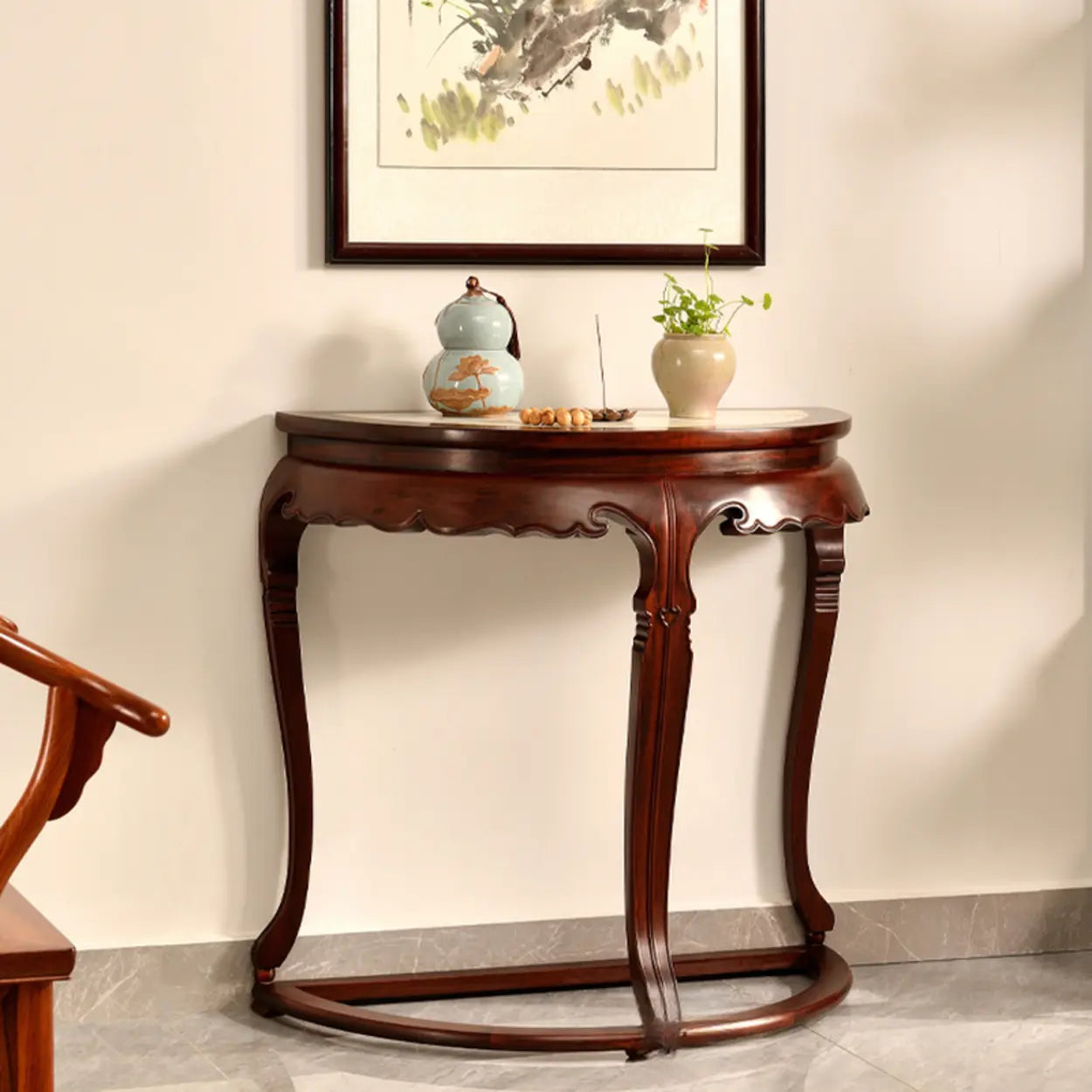Classic Mahogany Half-Moon Wood Entryway Console Table — Stone