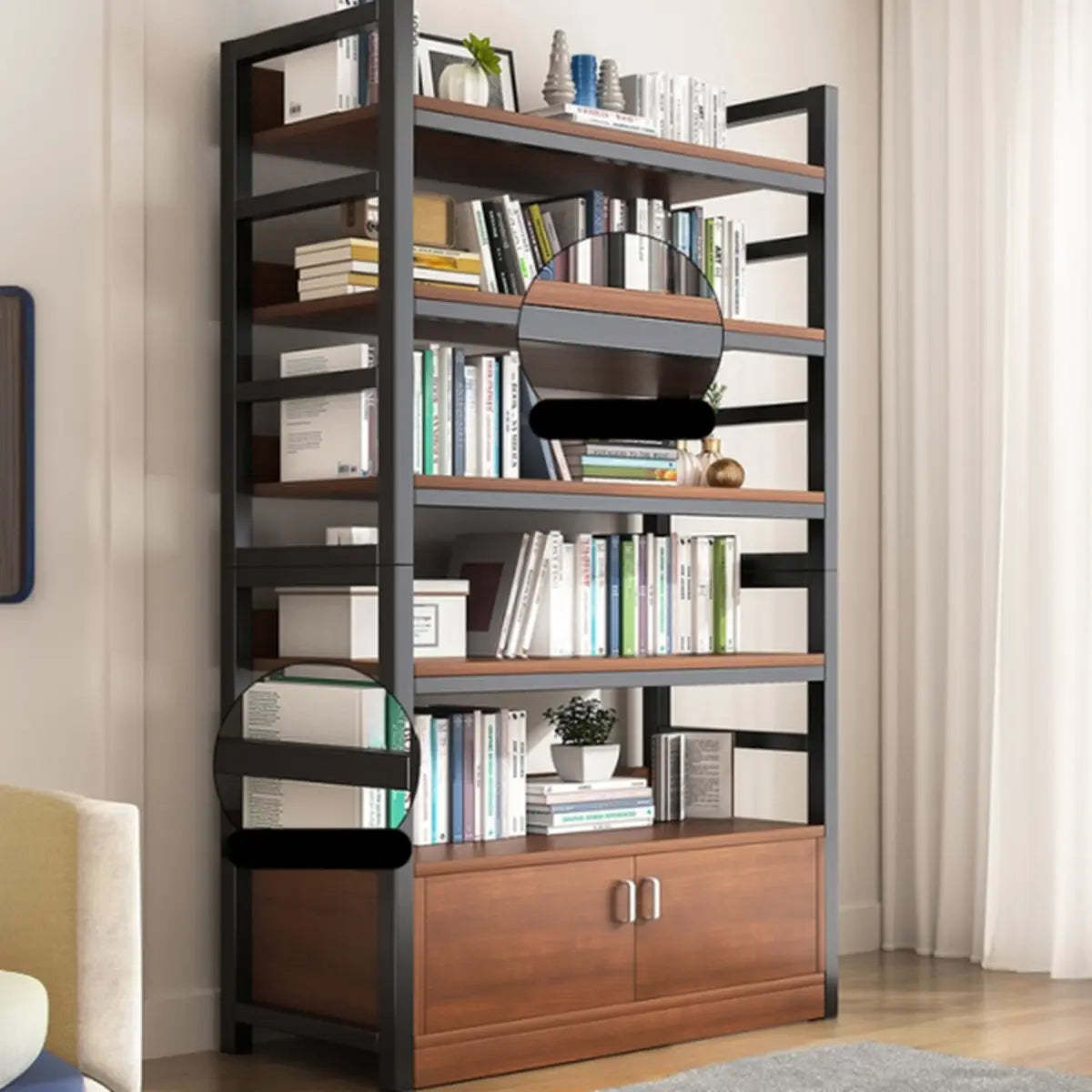 Classic Multi-Shelf Vertical Alloy Display Bookcase — Dark Walnut