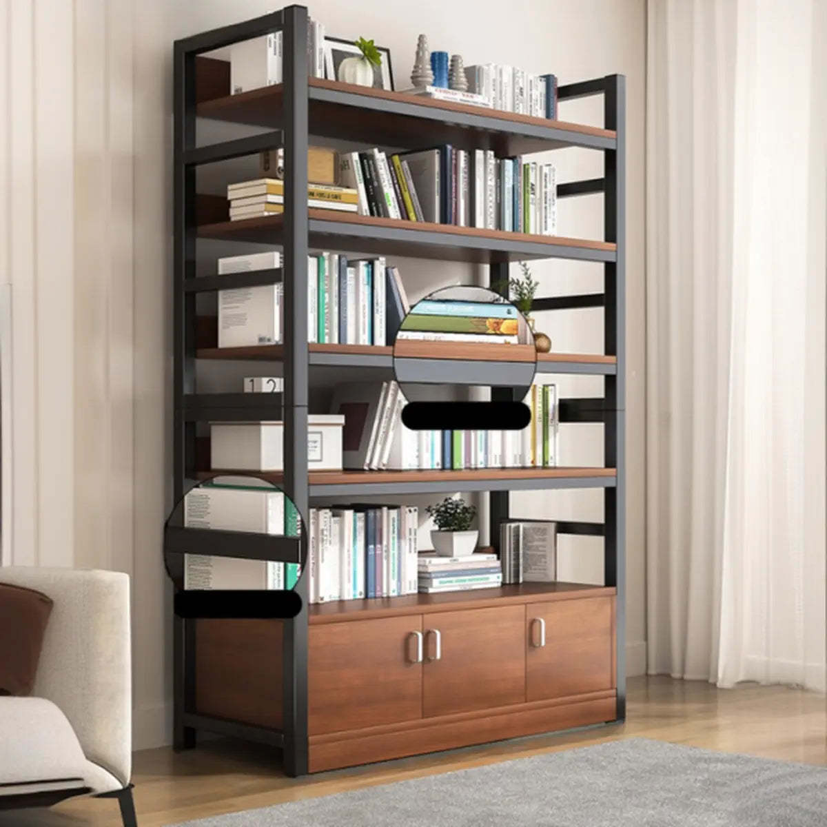 Classic Multi-Shelf Vertical Alloy Display Bookcase — Dark Walnut