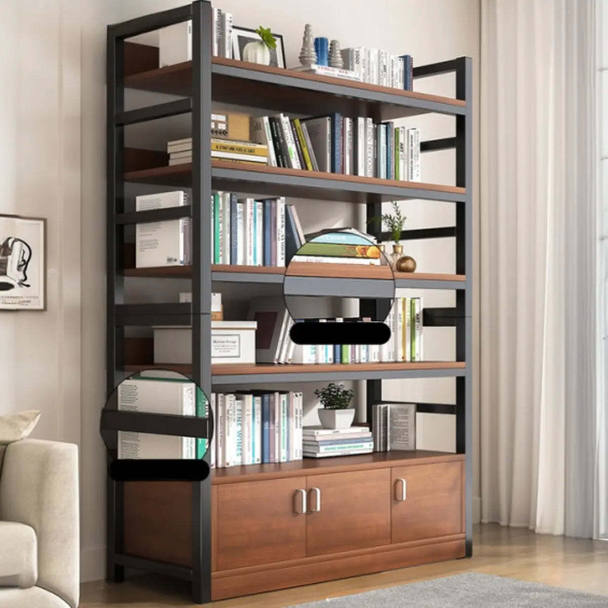 Classic Multi-Shelf Vertical Alloy Display Bookcase — Dark Walnut