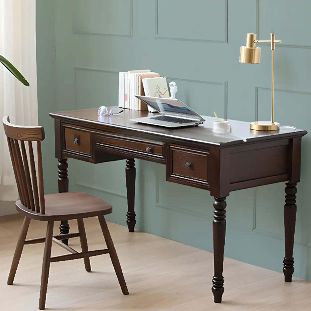 Classic Nut-Brown Wood Drawer Computer Desk — White / Table Only